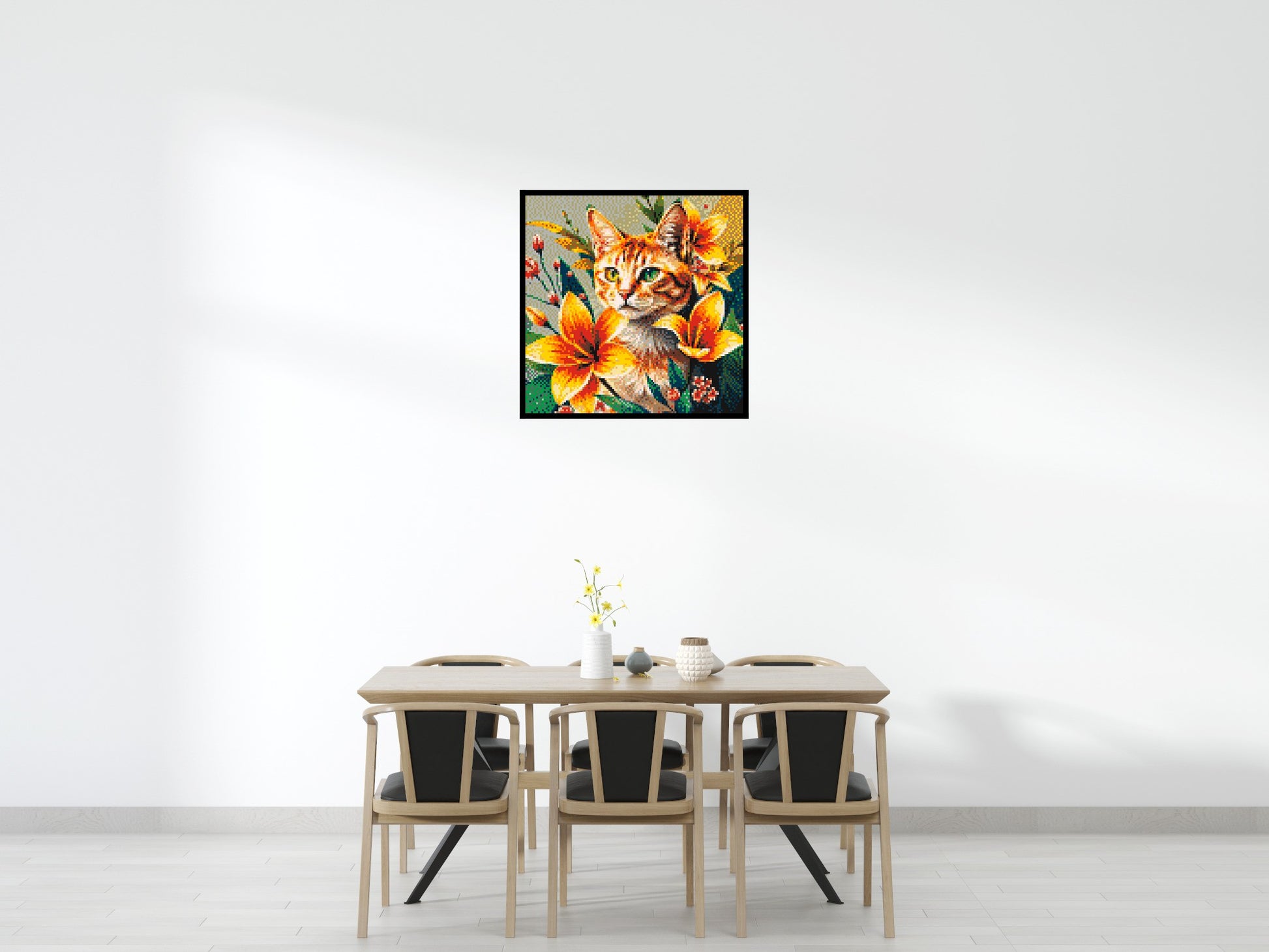 Ginger Tabby Cat with Orange Lilies and Pink Blossoms Illustration - Brick Art Mosaic Kit 5x5 scene with frame