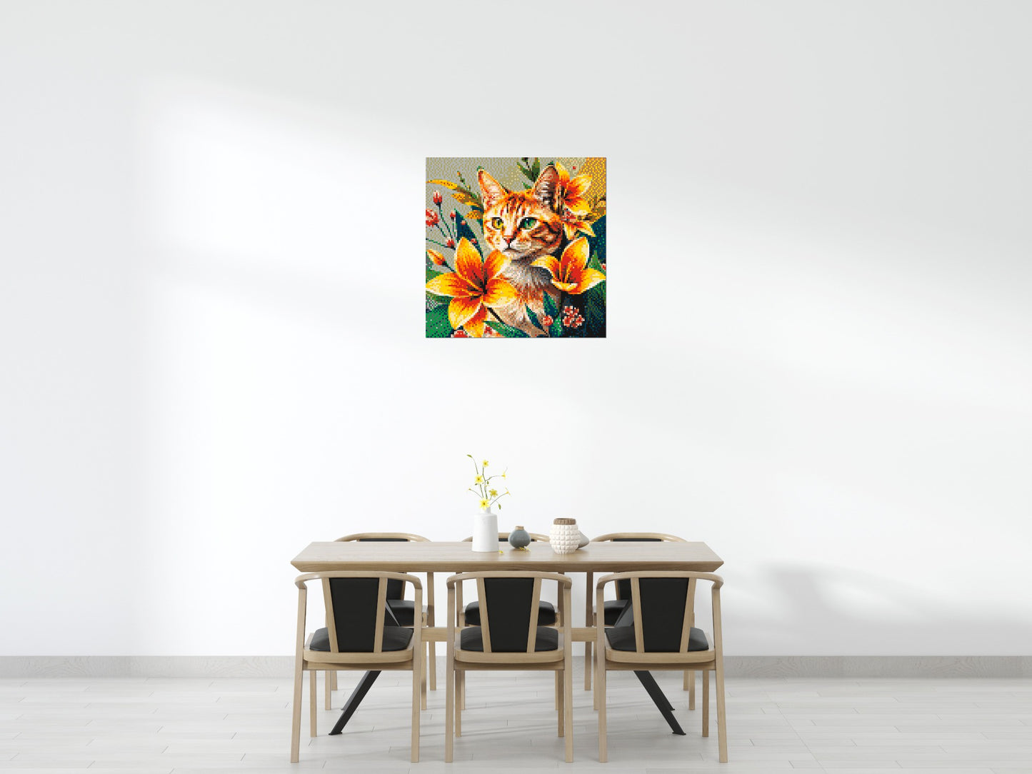 Ginger Tabby Cat with Orange Lilies and Pink Blossoms Illustration - Brick Art Mosaic Kit 5x5 large