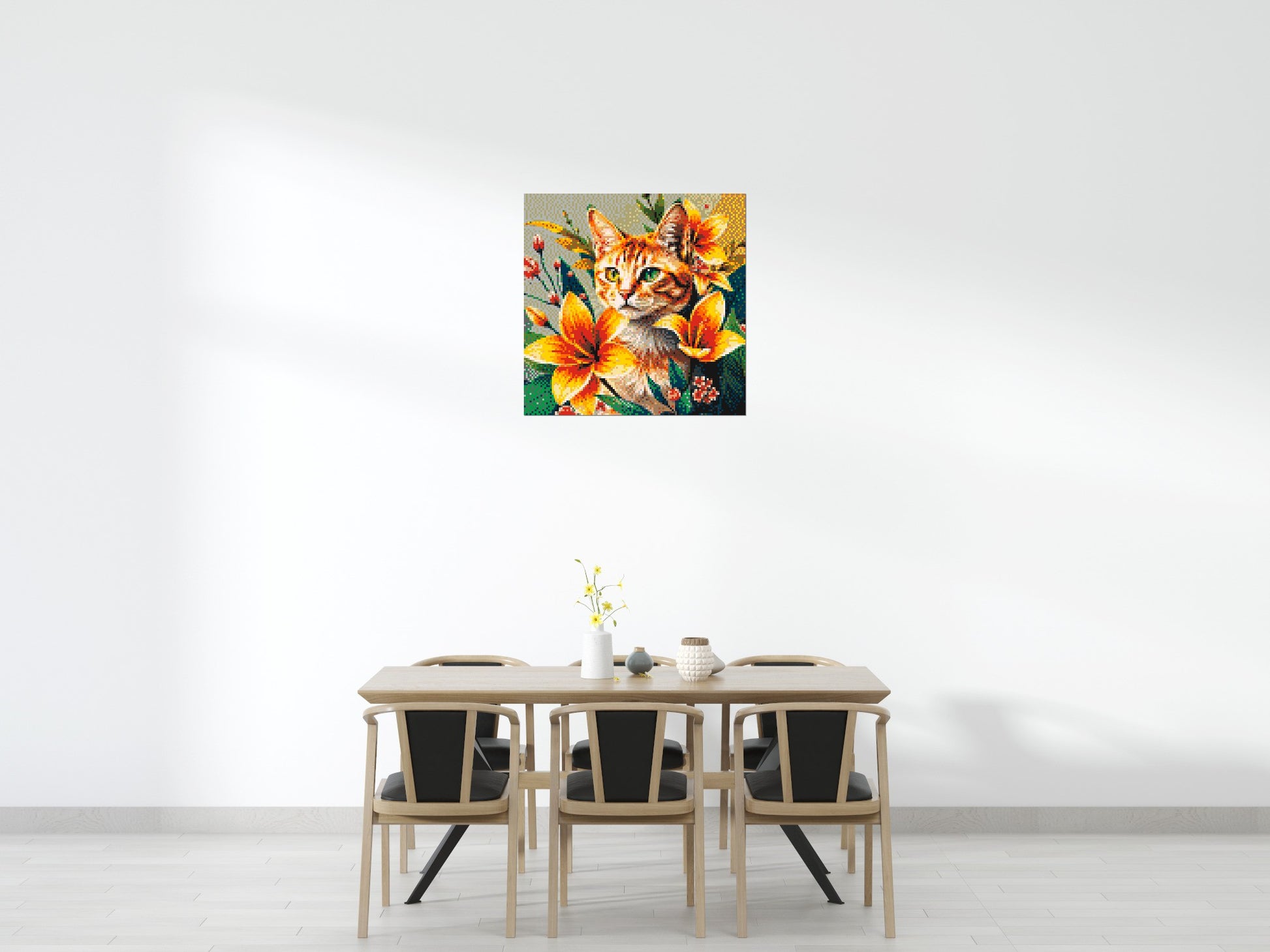 Ginger Tabby Cat with Orange Lilies and Pink Blossoms Illustration - Brick Art Mosaic Kit 5x5 scene