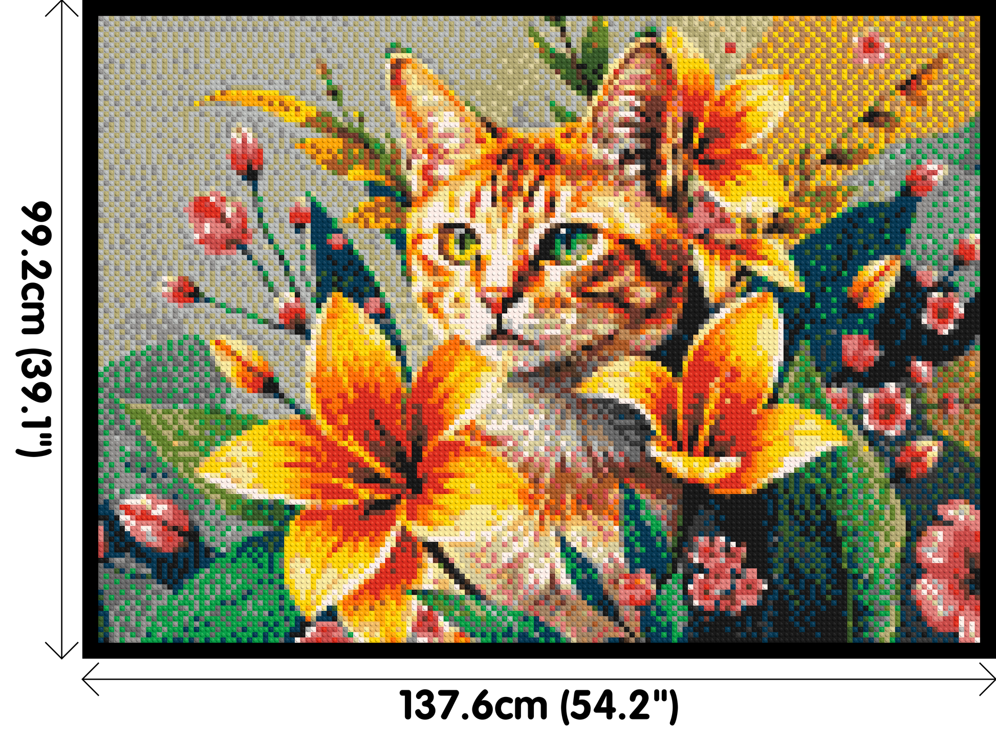 Ginger Tabby Cat with Orange Lilies and Pink Blossoms Illustration - Brick Art Mosaic Kit 7x5 dimensions with frame