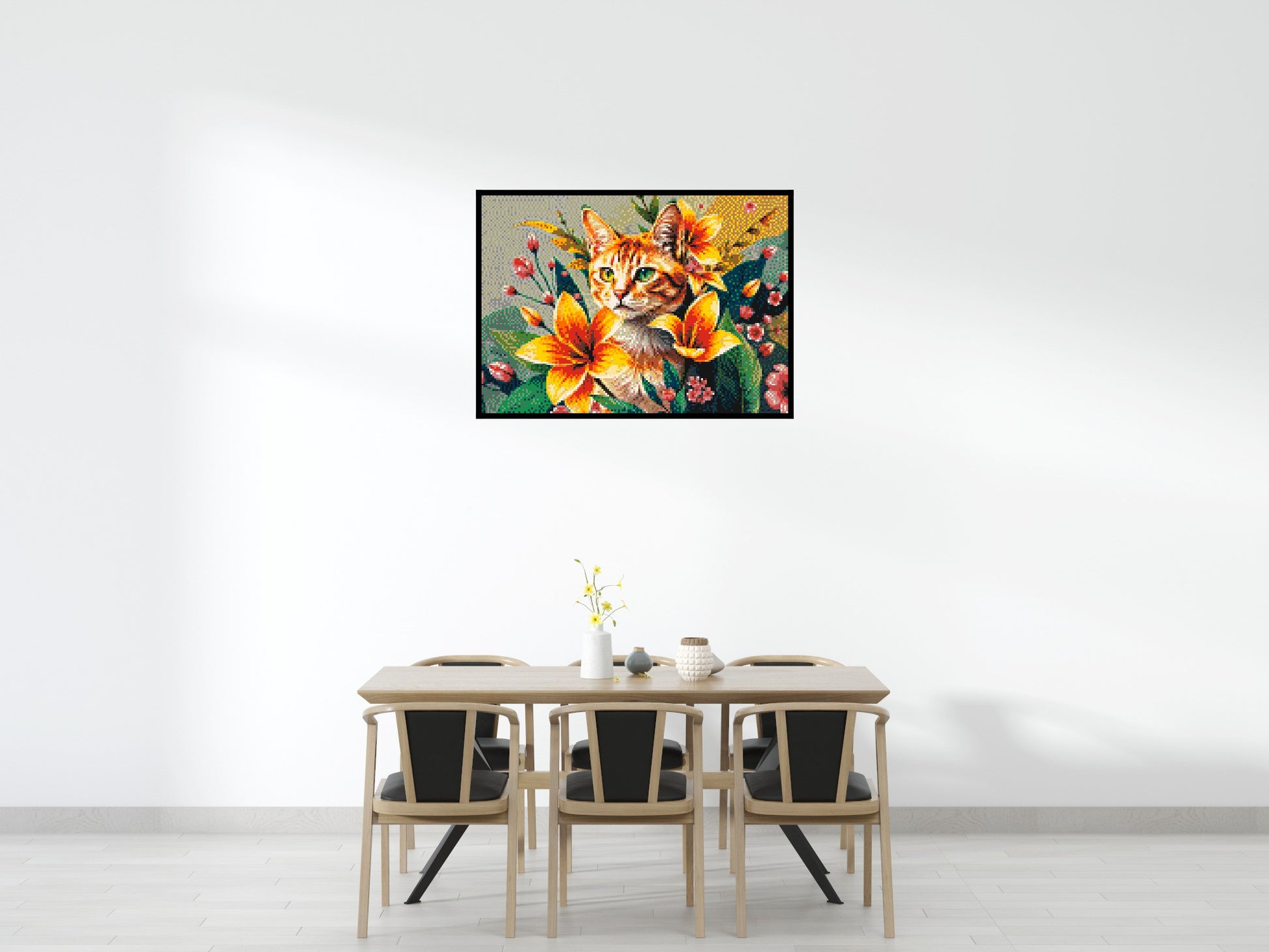 Ginger Tabby Cat with Orange Lilies and Pink Blossoms Illustration - Brick Art Mosaic Kit 7x5 scene with frame