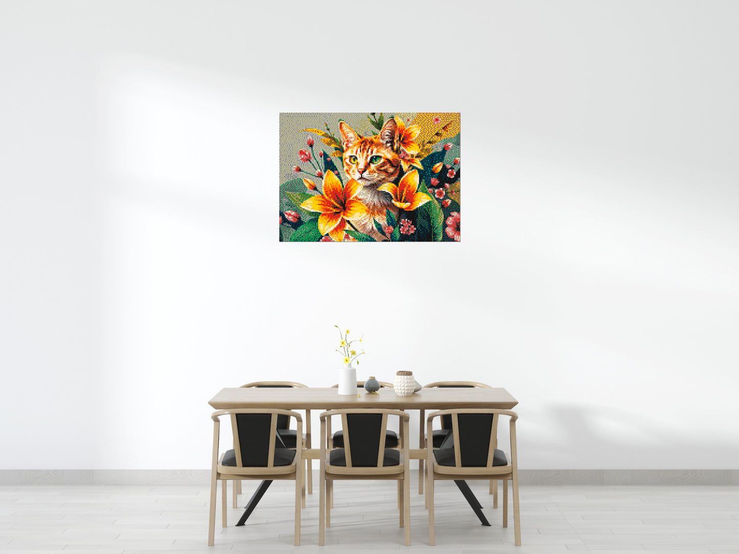 Ginger Tabby Cat with Orange Lilies and Pink Blossoms Illustration - Brick Art Mosaic Kit 7x5 large