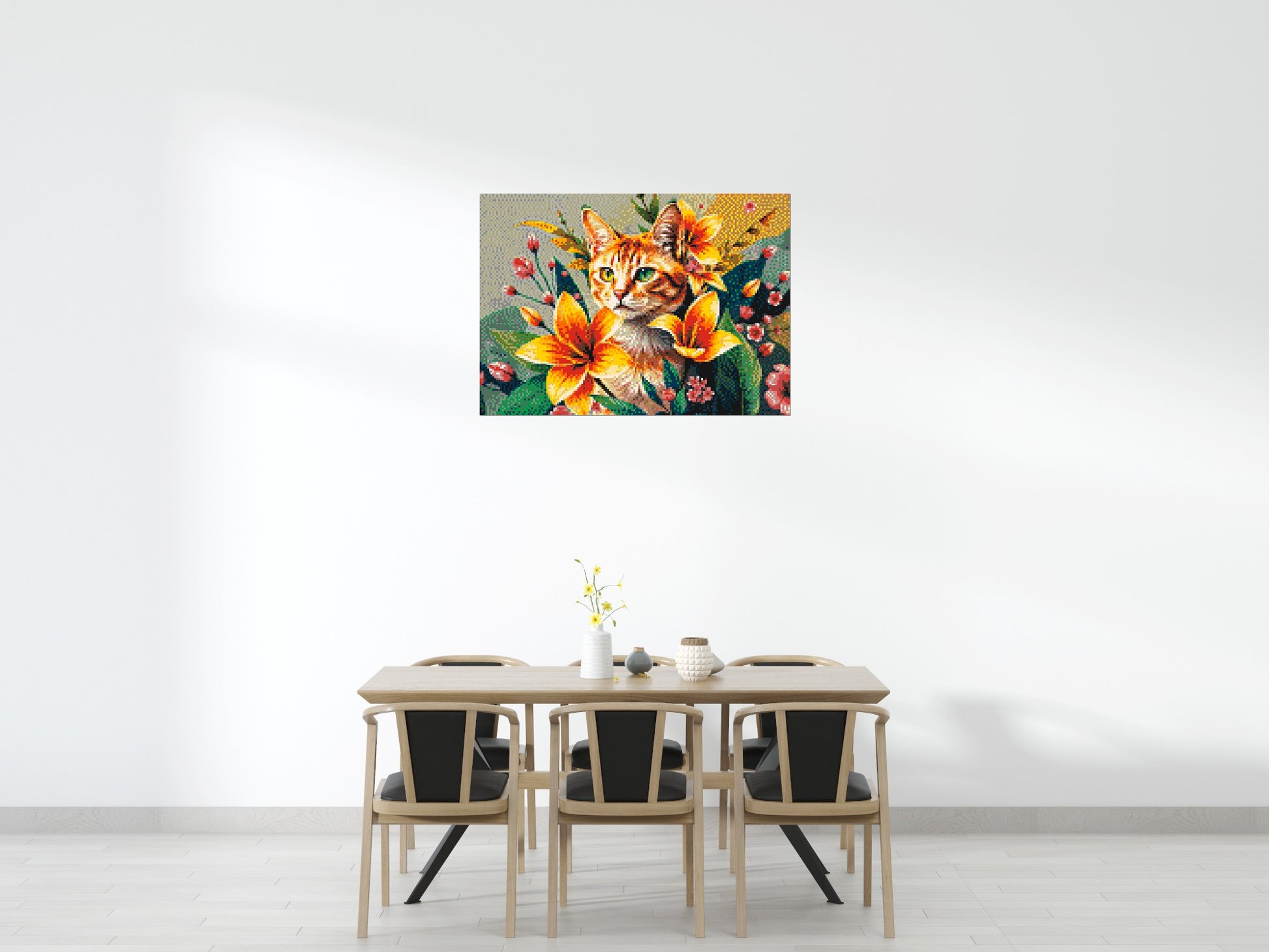 Ginger Tabby Cat with Orange Lilies and Pink Blossoms Illustration - Brick Art Mosaic Kit 7x5 scene