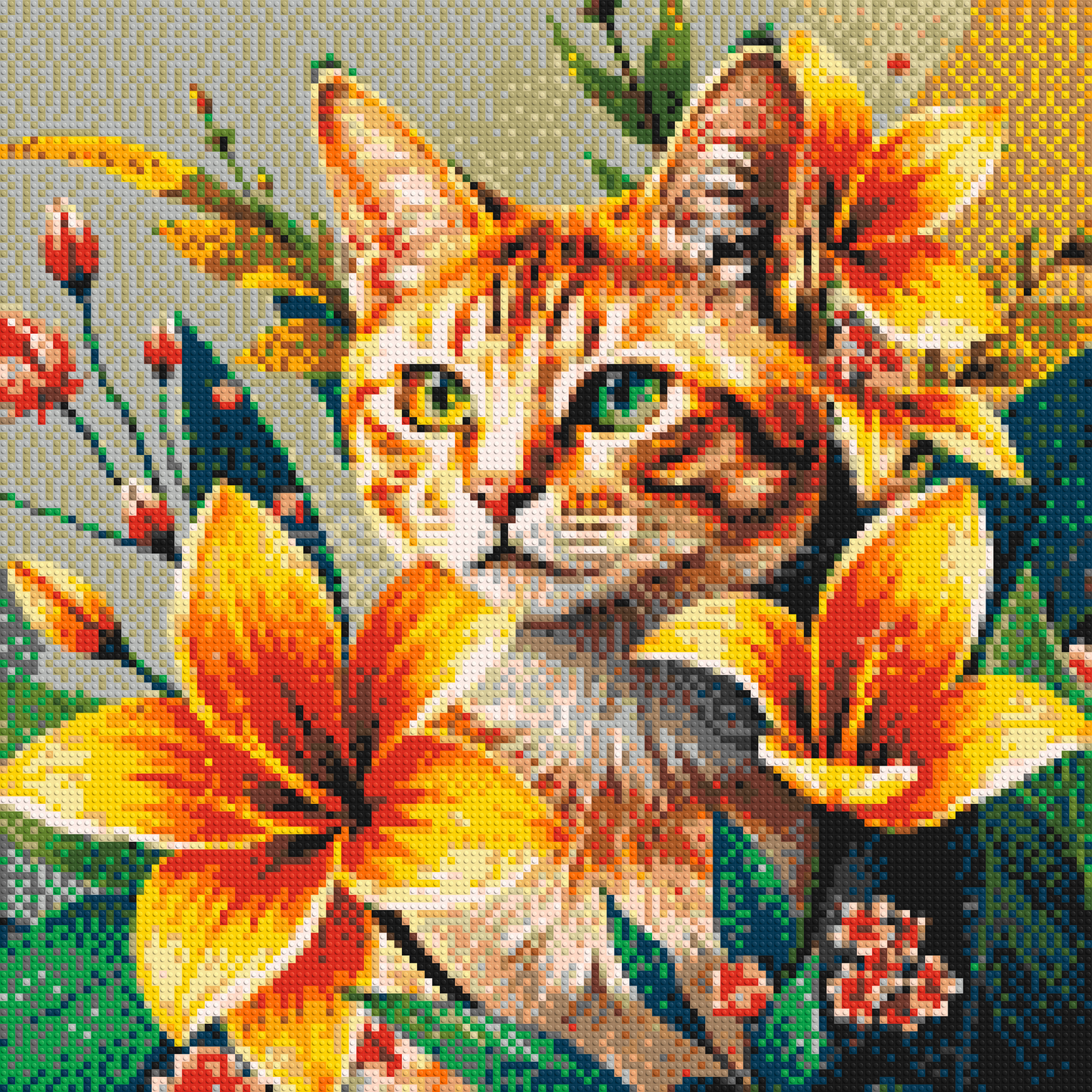 Ginger Tabby Cat with Orange Lilies and Pink Blossoms Illustration - Brick Art Mosaic Kit 6x6 large