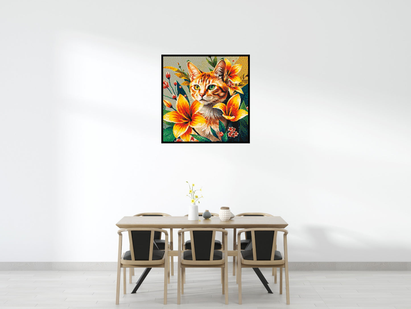 Ginger Tabby Cat with Orange Lilies and Pink Blossoms Illustration - Brick Art Mosaic Kit 6x6 large