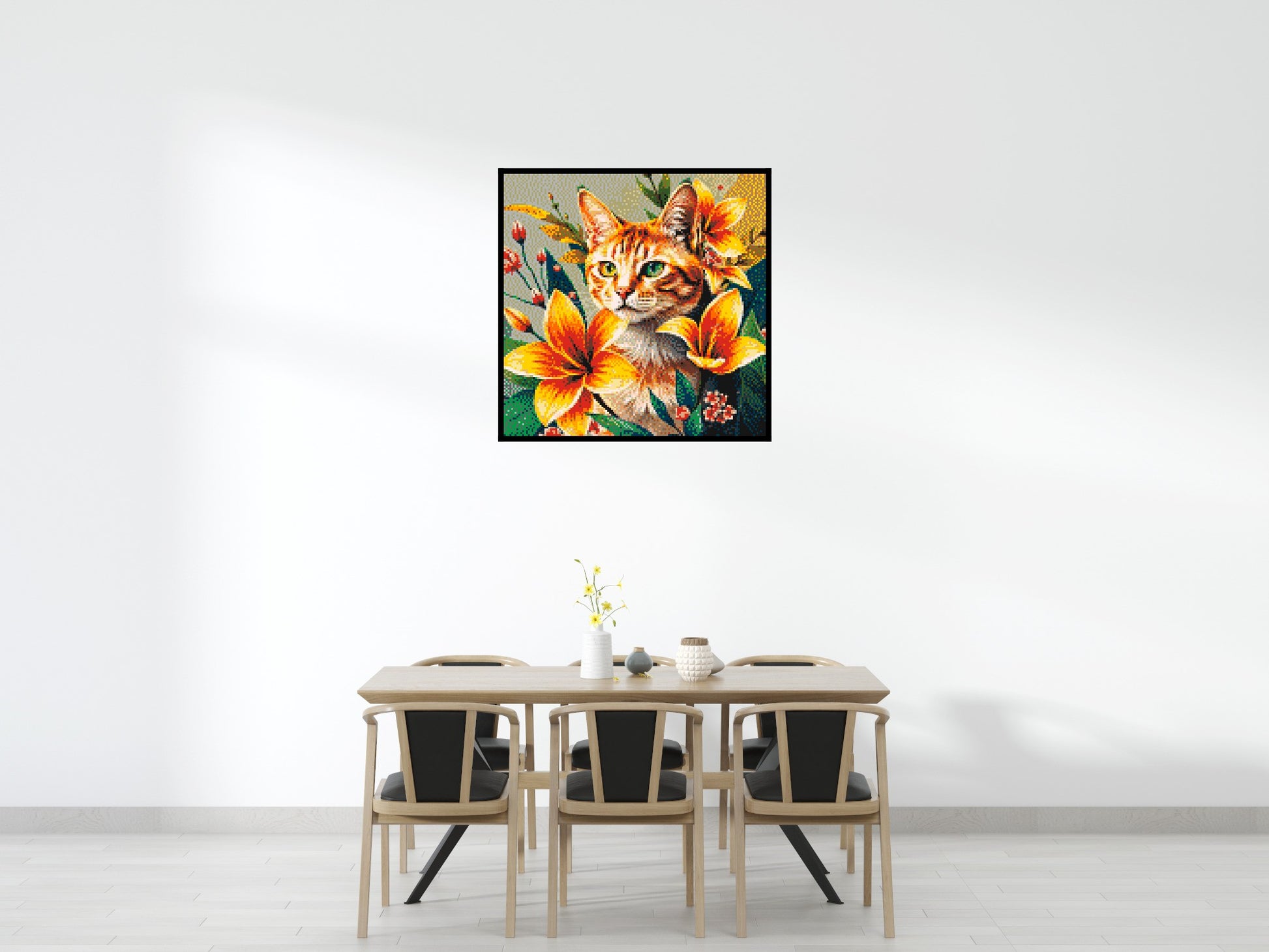 Ginger Tabby Cat with Orange Lilies and Pink Blossoms Illustration - Brick Art Mosaic Kit 6x6 scene with frame