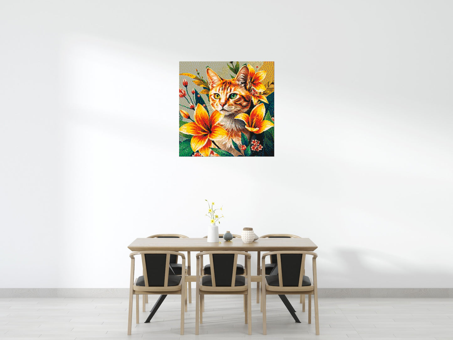 Ginger Tabby Cat with Orange Lilies and Pink Blossoms Illustration - Brick Art Mosaic Kit 6x6 large