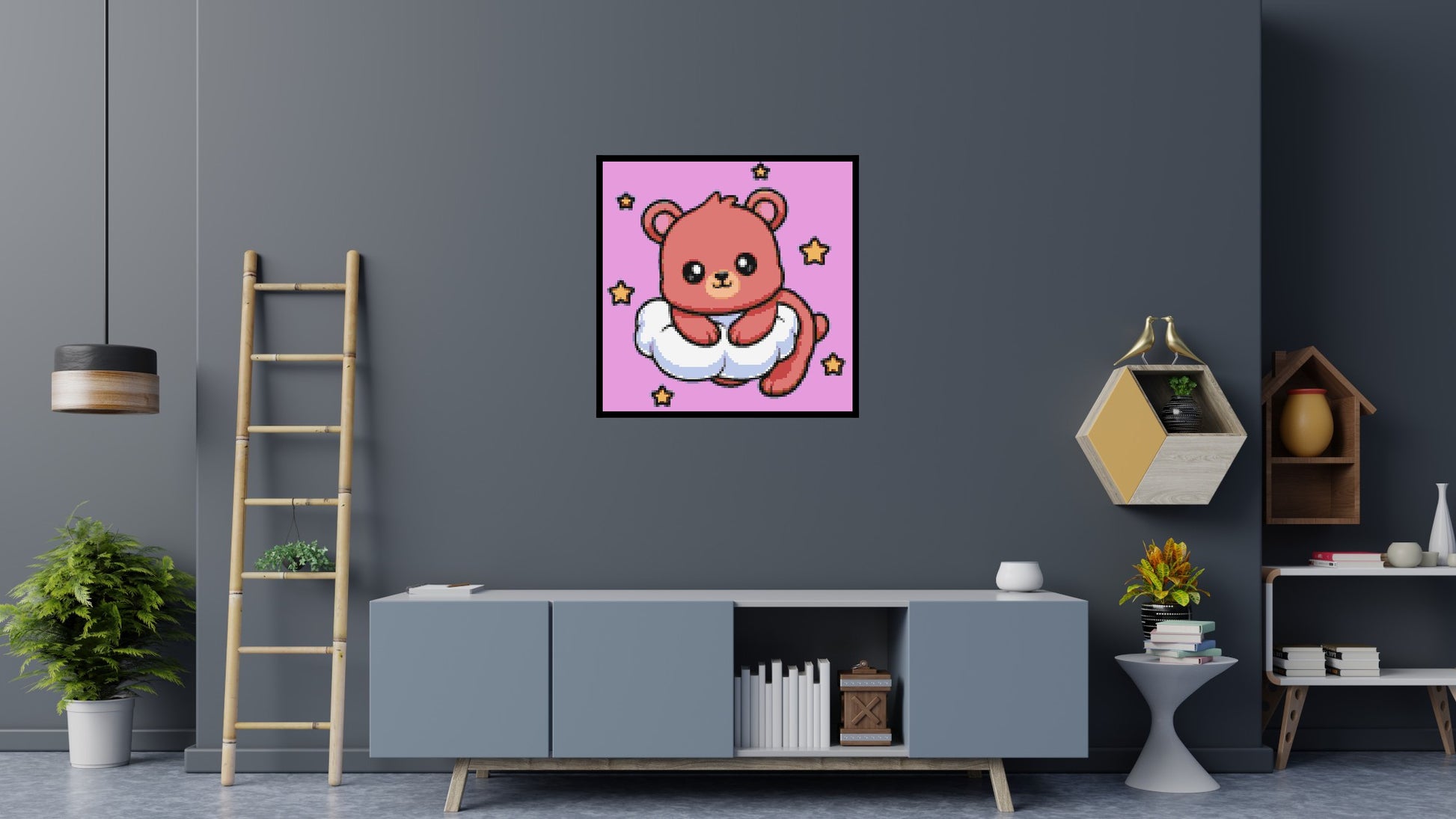 Cute Bear on Cloud with Stars Cartoon Art - Brick Art Mosaic Kit 5x5 scene with frame