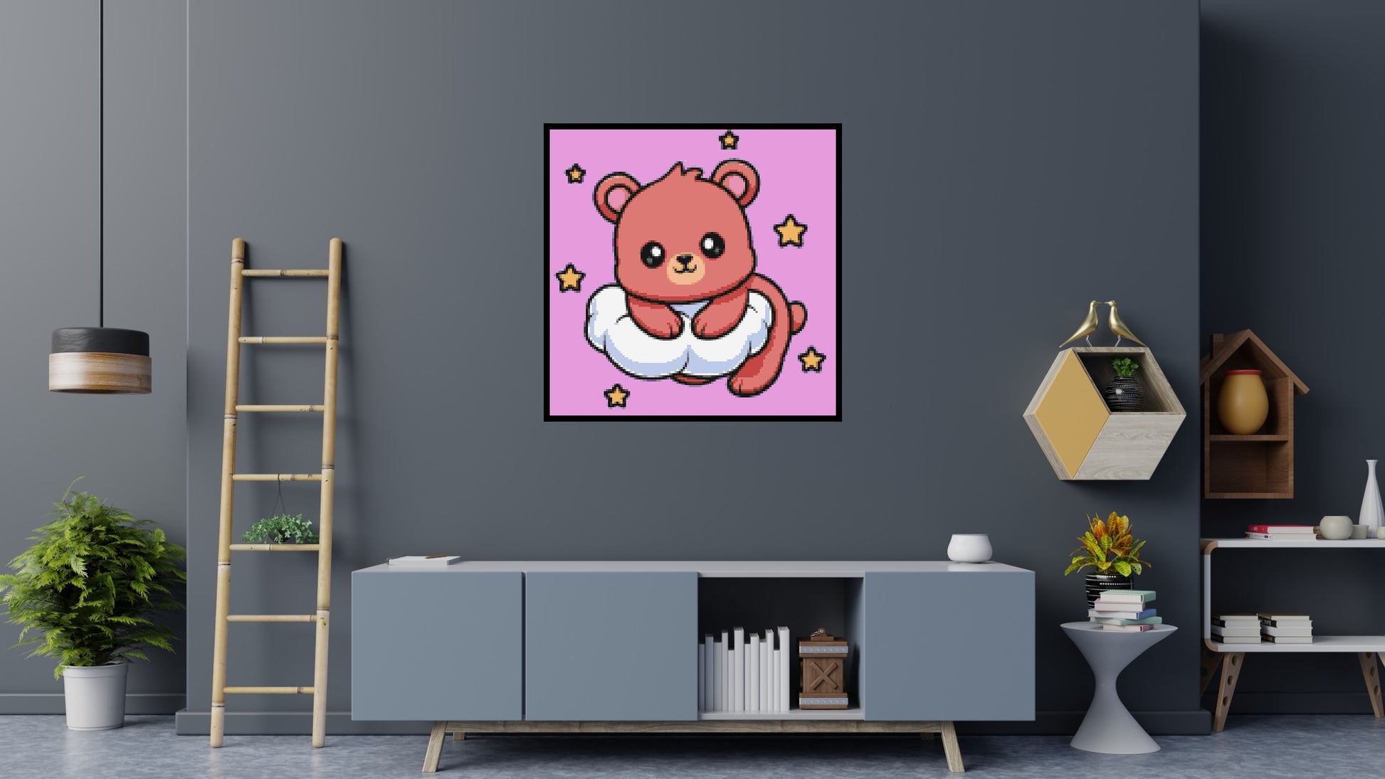 Cute Bear on Cloud with Stars Cartoon Art - Brick Art Mosaic Kit 6x6 scene with frame