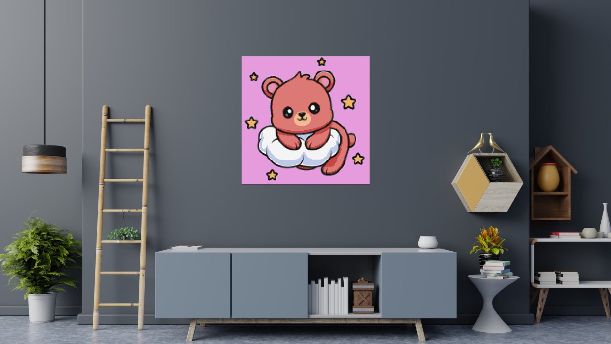 Cute Bear on Cloud with Stars Cartoon Art - Brick Art Mosaic Kit 6x6 scene