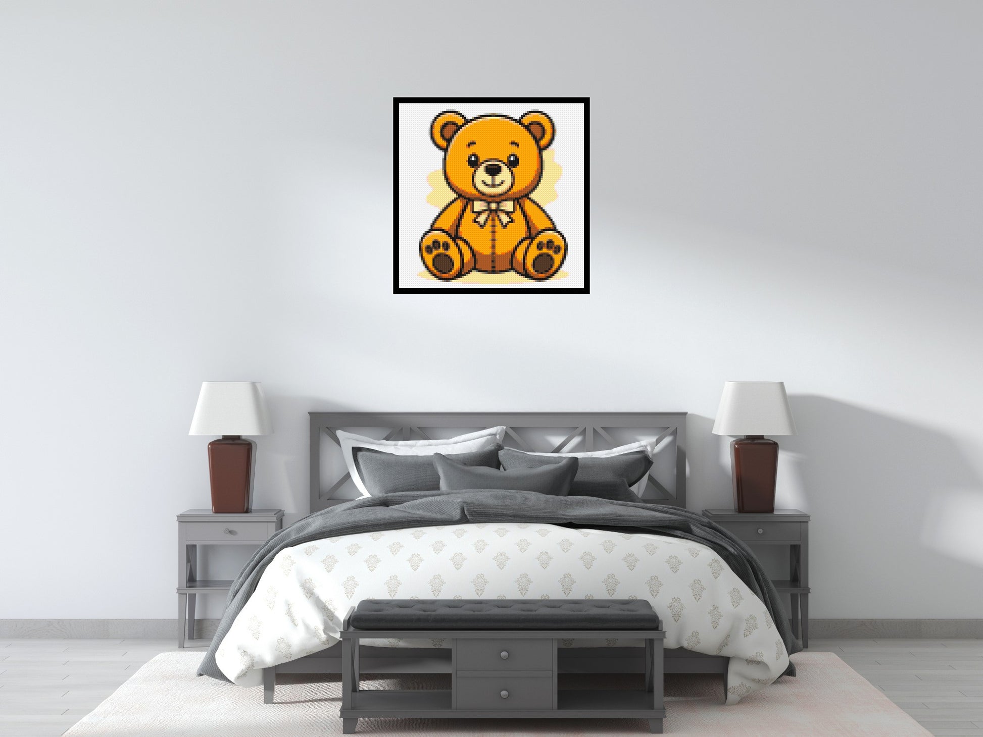 Classic Sitting Teddy Bear with Bow Tie Cartoon Art - Brick Art Mosaic Kit 4x4 scene with frame