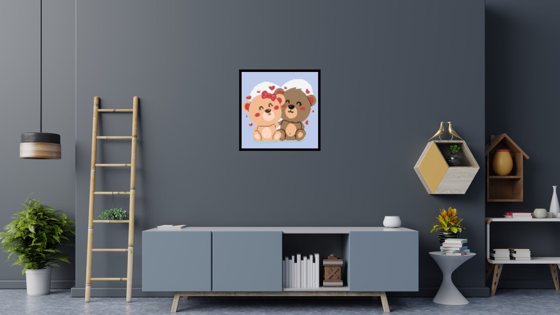 Cute Teddy Bear Couple Kawaii Vector Art - Brick Art Mosaic Kit 4x4 scene with frame