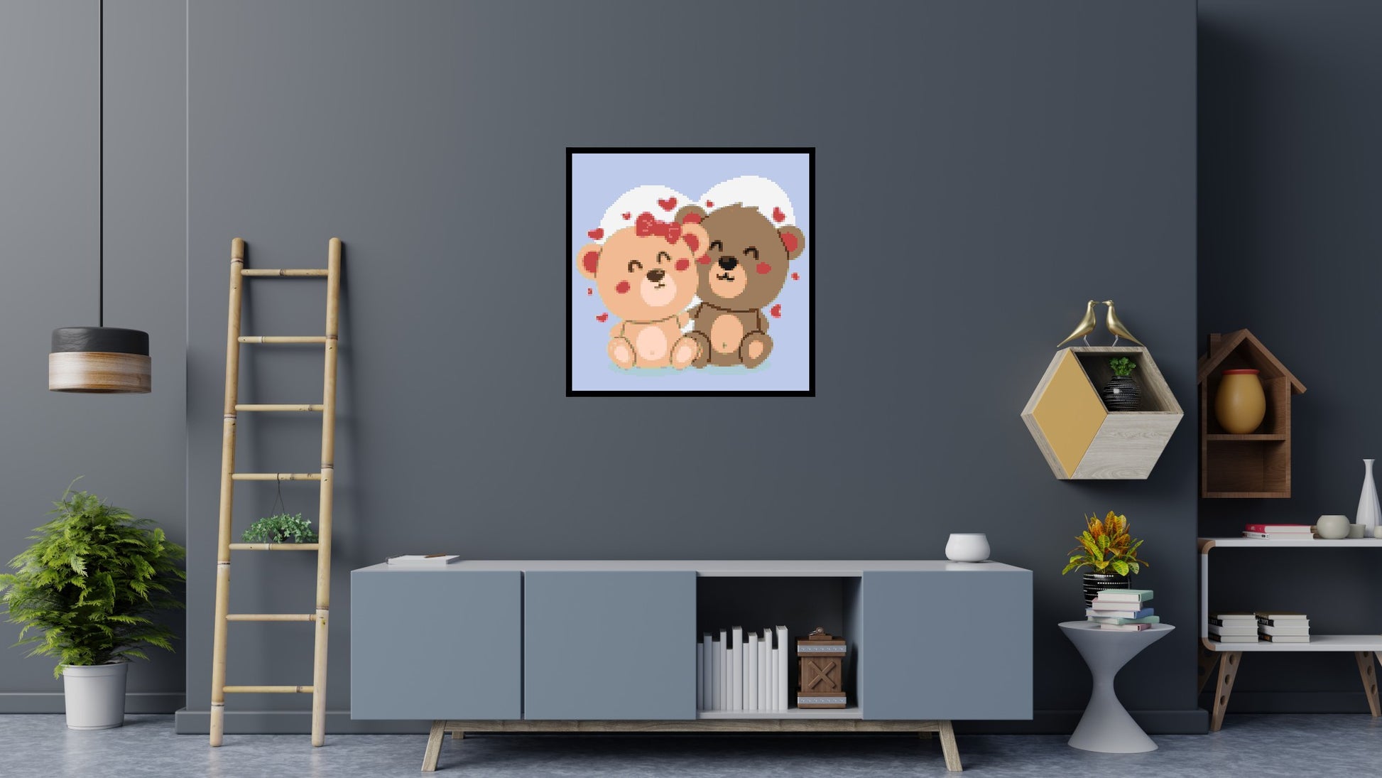 Cute Teddy Bear Couple Kawaii Vector Art - Brick Art Mosaic Kit 5x5 scene with frame