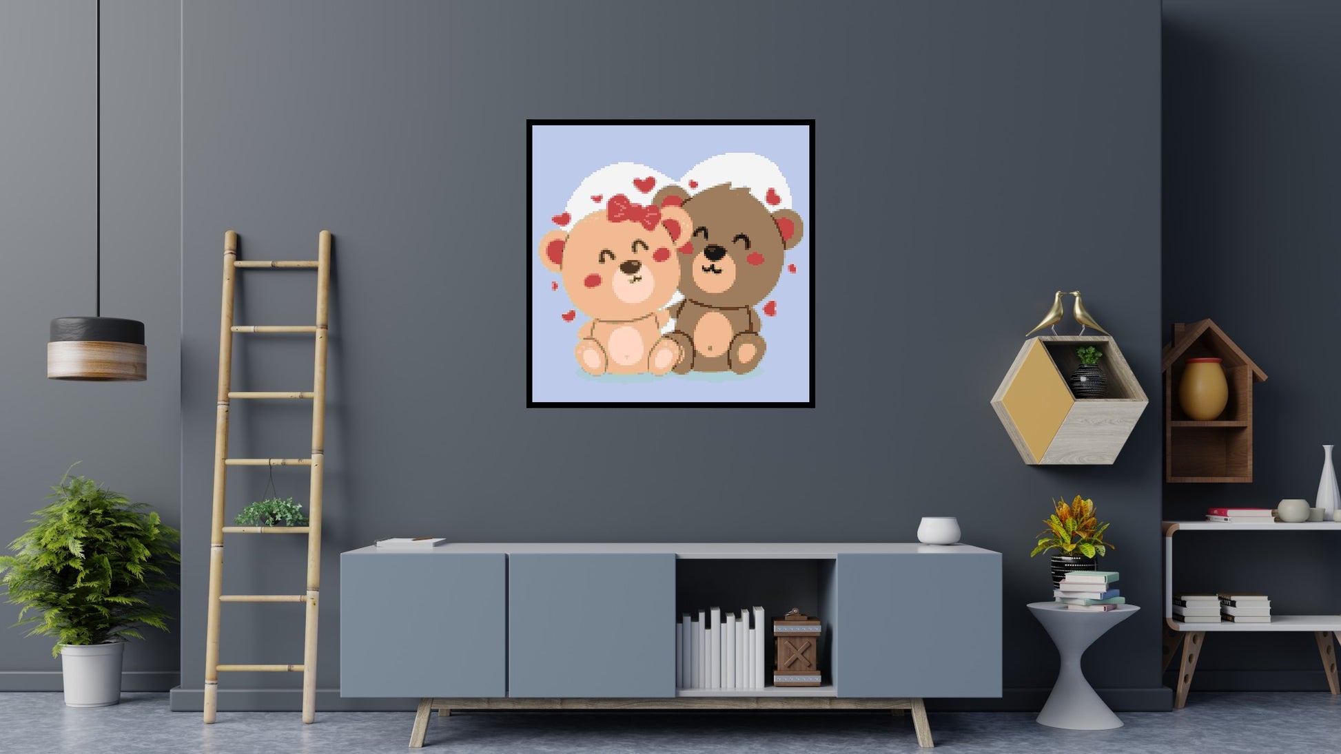 Cute Teddy Bear Couple Kawaii Vector Art - Brick Art Mosaic Kit 6x6 scene with frame