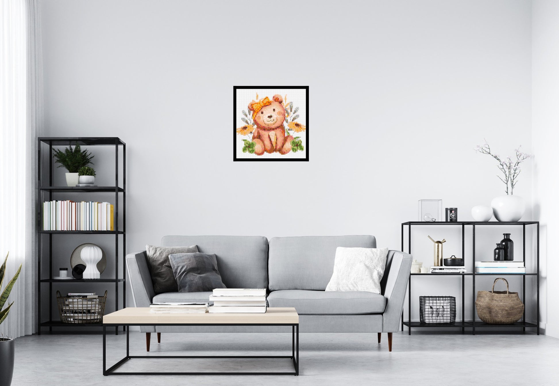 Teddy Bear with Yellow Bow and Flowers Watercolor Art - Brick Art Mosaic Kit 3x3 scene with frame