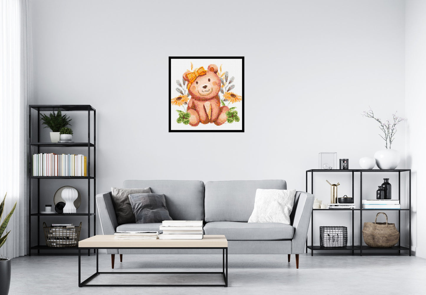 Teddy Bear with Yellow Bow and Flowers Watercolor Art - Brick Art Mosaic Kit 4x4 large