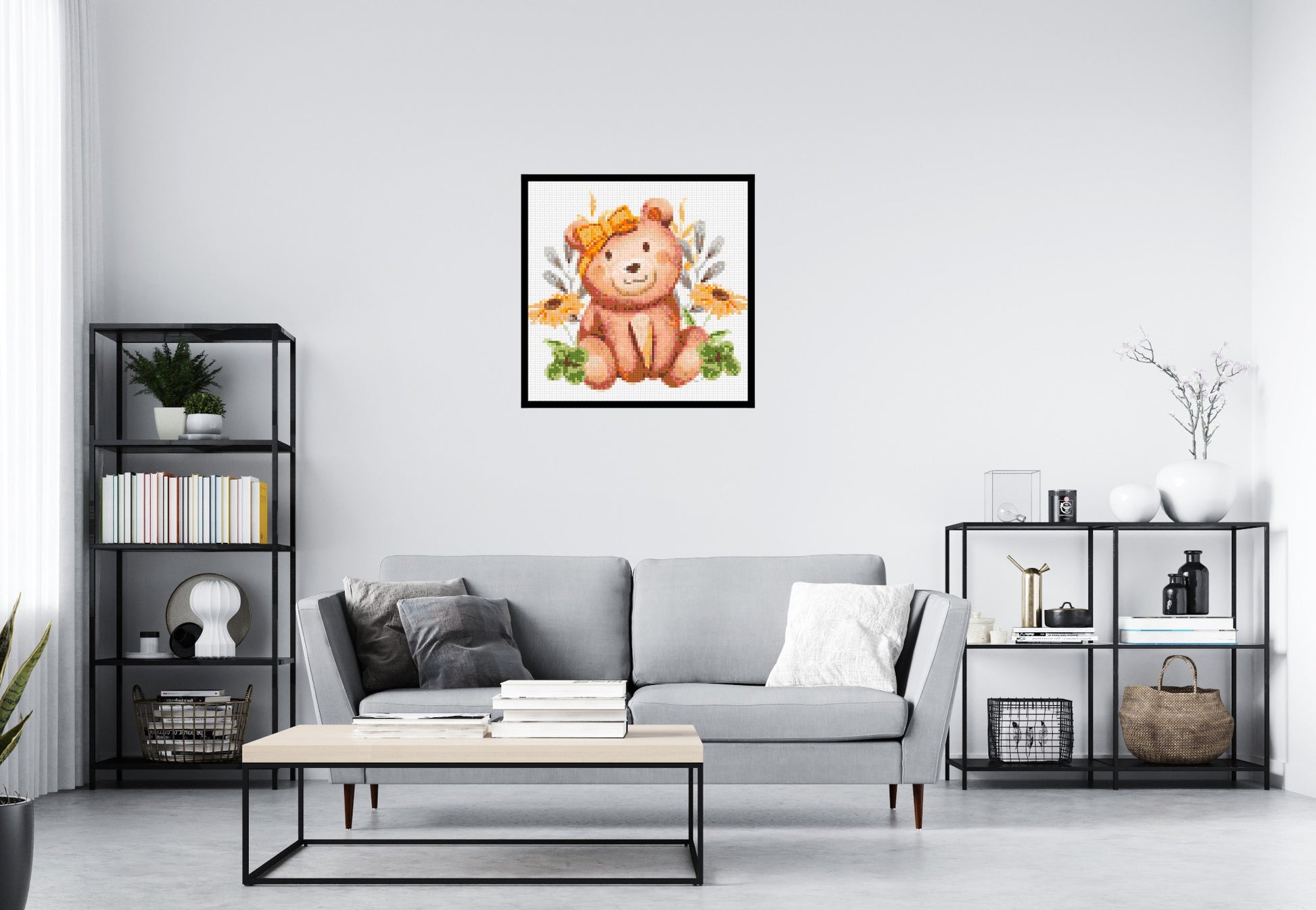 Teddy Bear with Yellow Bow and Flowers Watercolor Art - Brick Art Mosaic Kit 4x4 scene with frame