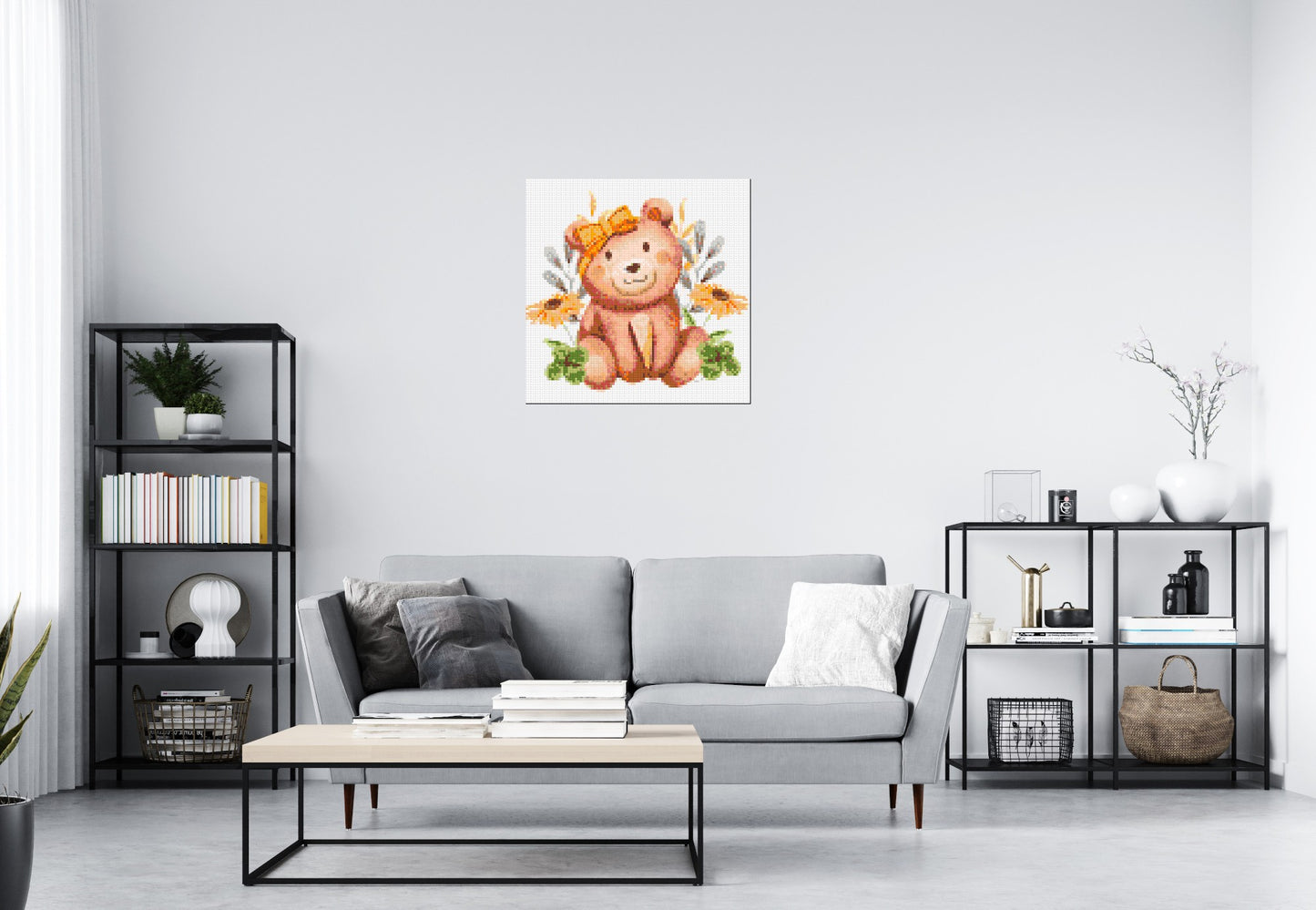 Teddy Bear with Yellow Bow and Flowers Watercolor Art - Brick Art Mosaic Kit 4x4 large