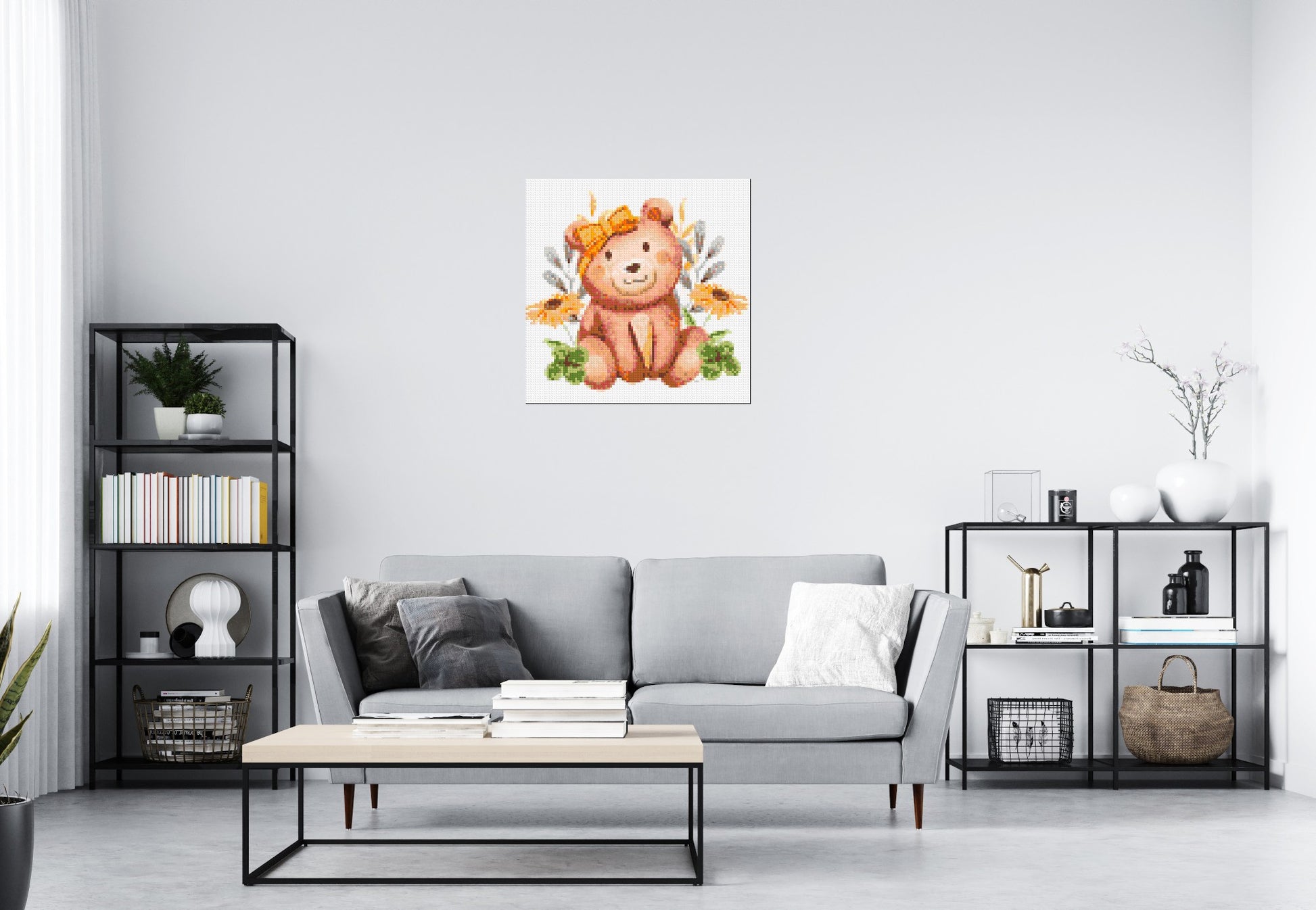 Teddy Bear with Yellow Bow and Flowers Watercolor Art - Brick Art Mosaic Kit 4x4 scene