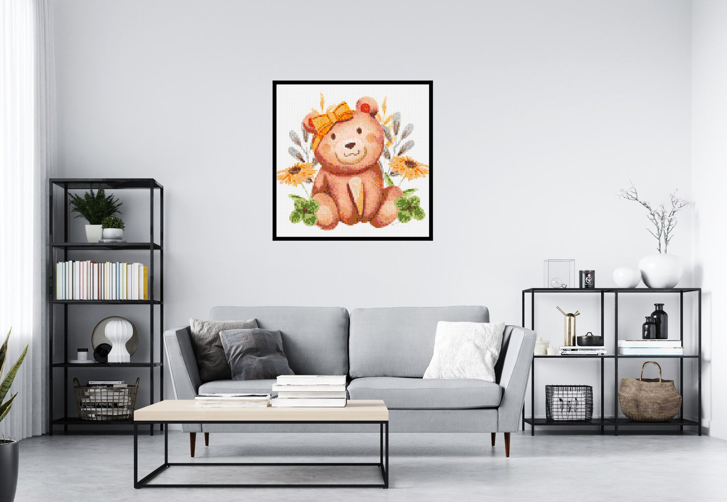Teddy Bear with Yellow Bow and Flowers Watercolor Art - Brick Art Mosaic Kit 5x5 large