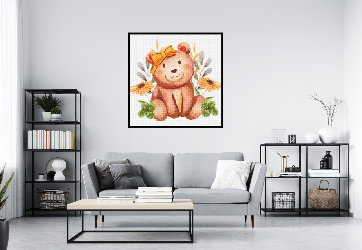 Teddy Bear with Yellow Bow and Flowers Watercolor Art - Brick Art Mosaic Kit 6x6 large