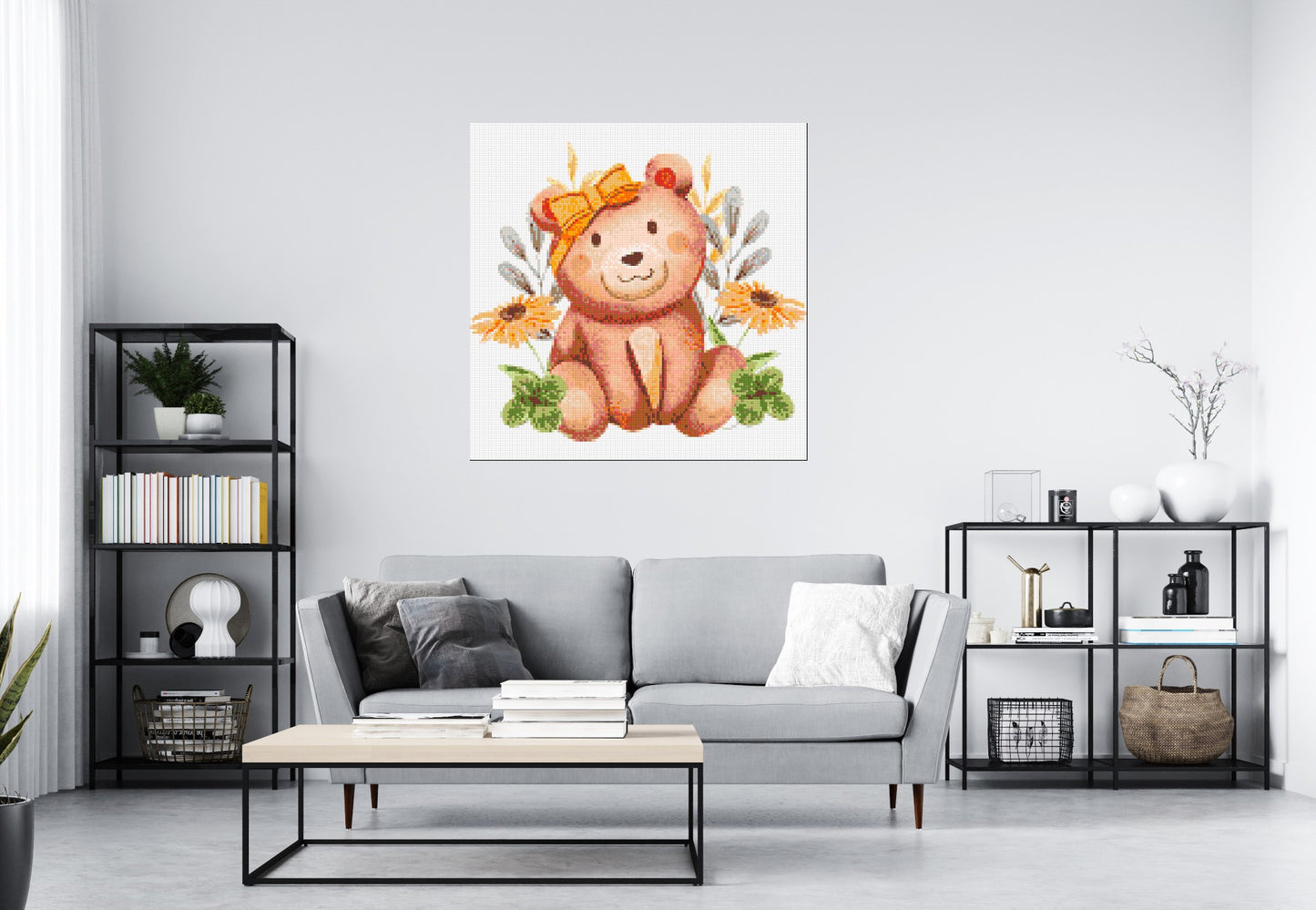 Teddy Bear with Yellow Bow and Flowers Watercolor Art - Brick Art Mosaic Kit 6x6 large