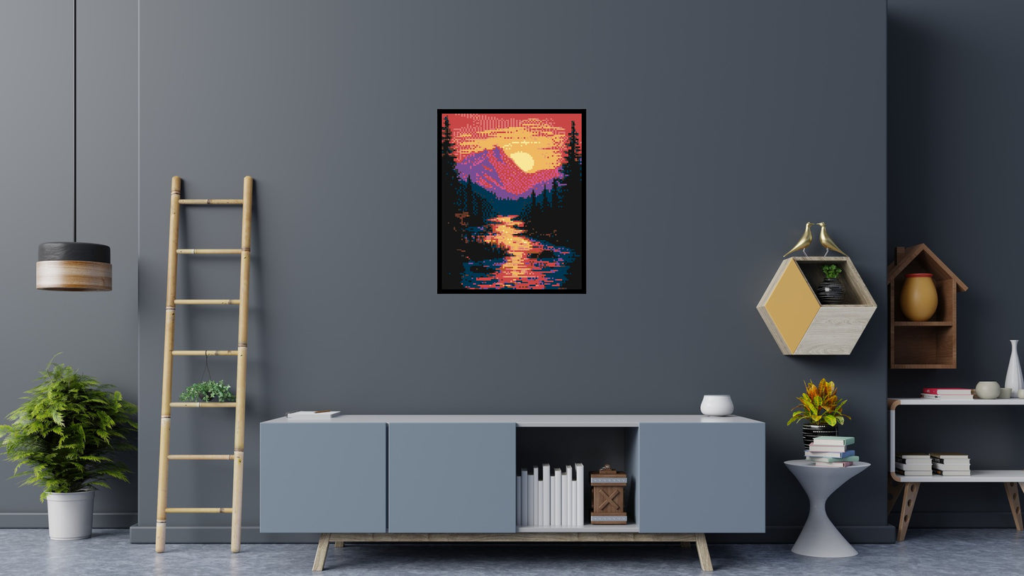 Sunset Mountain River Pixel Art - Brick Art Mosaic Kit 4x5 large