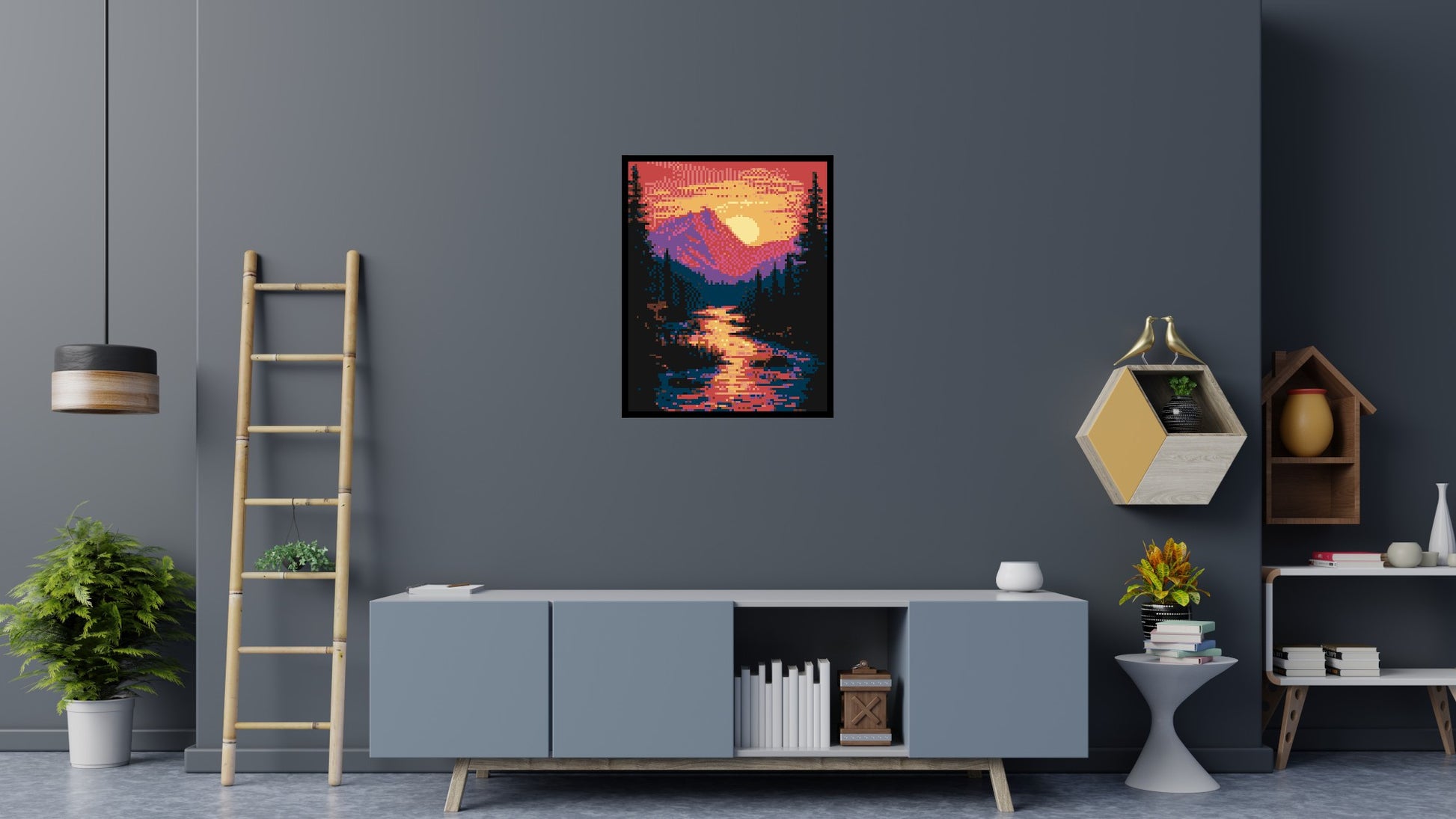Sunset Mountain River Pixel Art - Brick Art Mosaic Kit 4x5 scene with frame