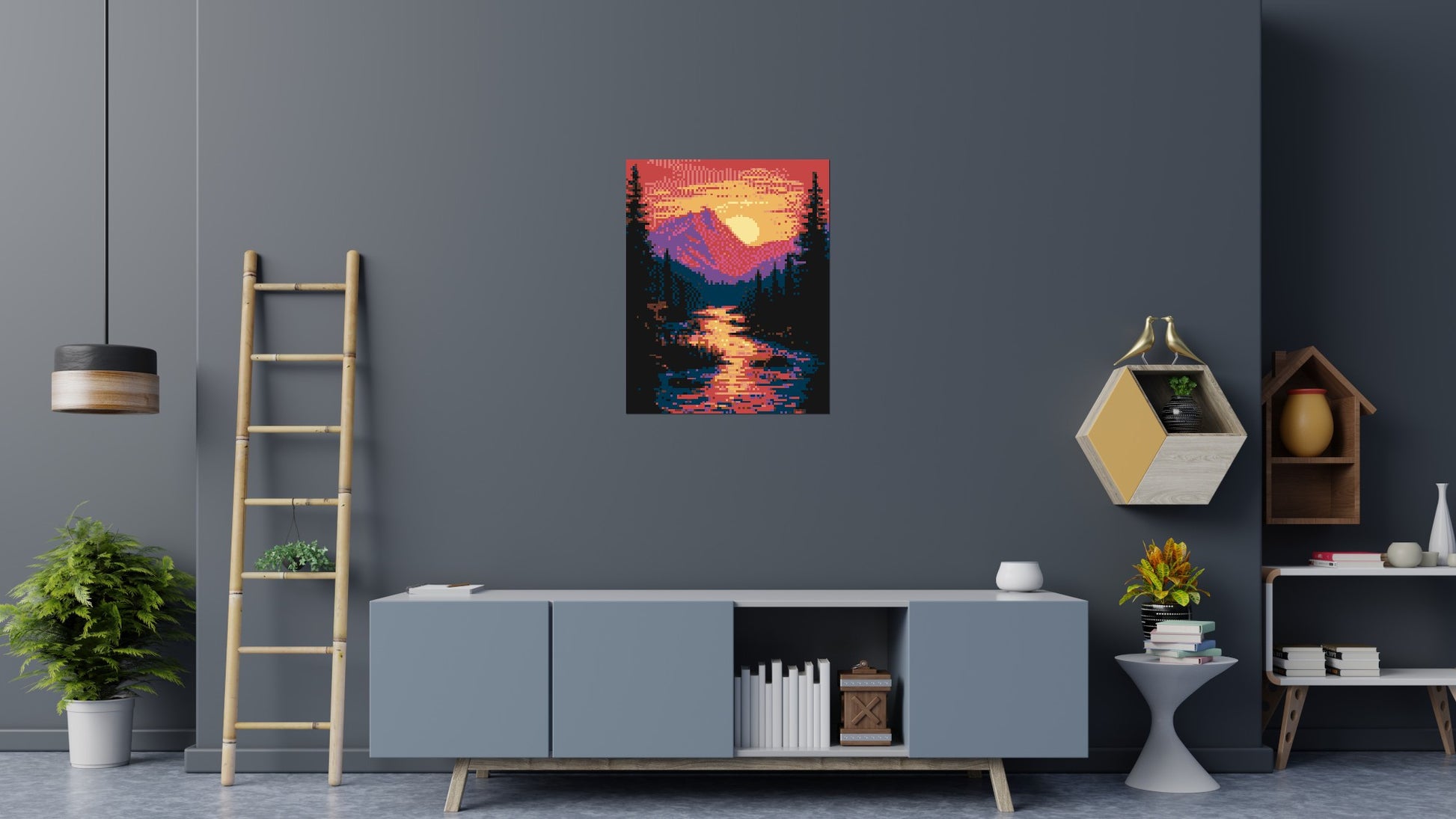 Sunset Mountain River Pixel Art - Brick Art Mosaic Kit 4x5 scene