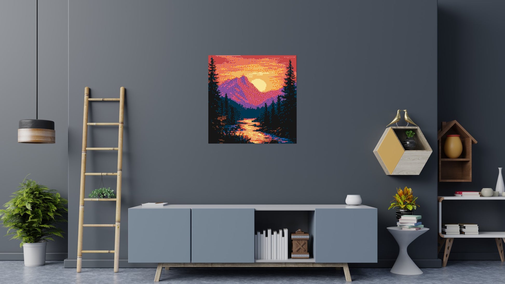 Sunset Mountain River Pixel Art - Brick Art Mosaic Kit 5x5 scene