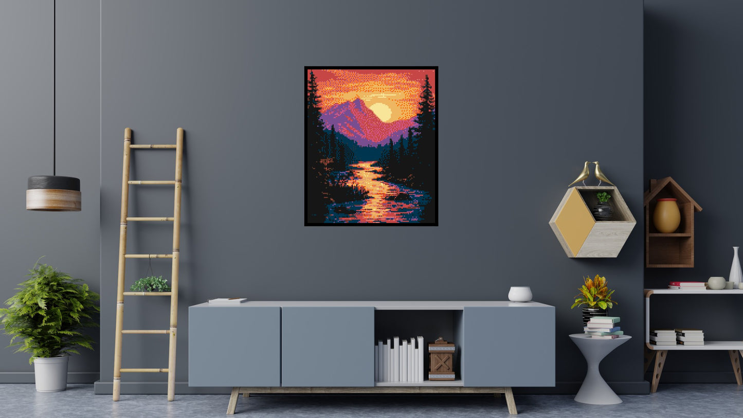 Sunset Mountain River Pixel Art - Brick Art Mosaic Kit 5x6 large