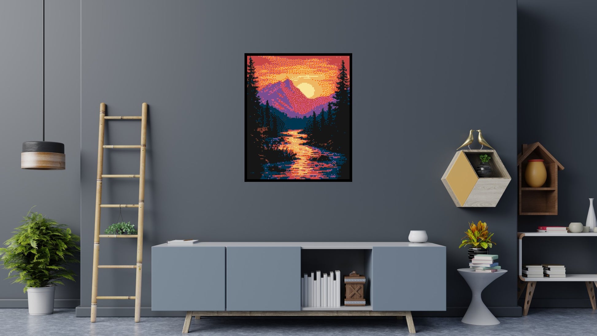 Sunset Mountain River Pixel Art - Brick Art Mosaic Kit 5x6 scene with frame