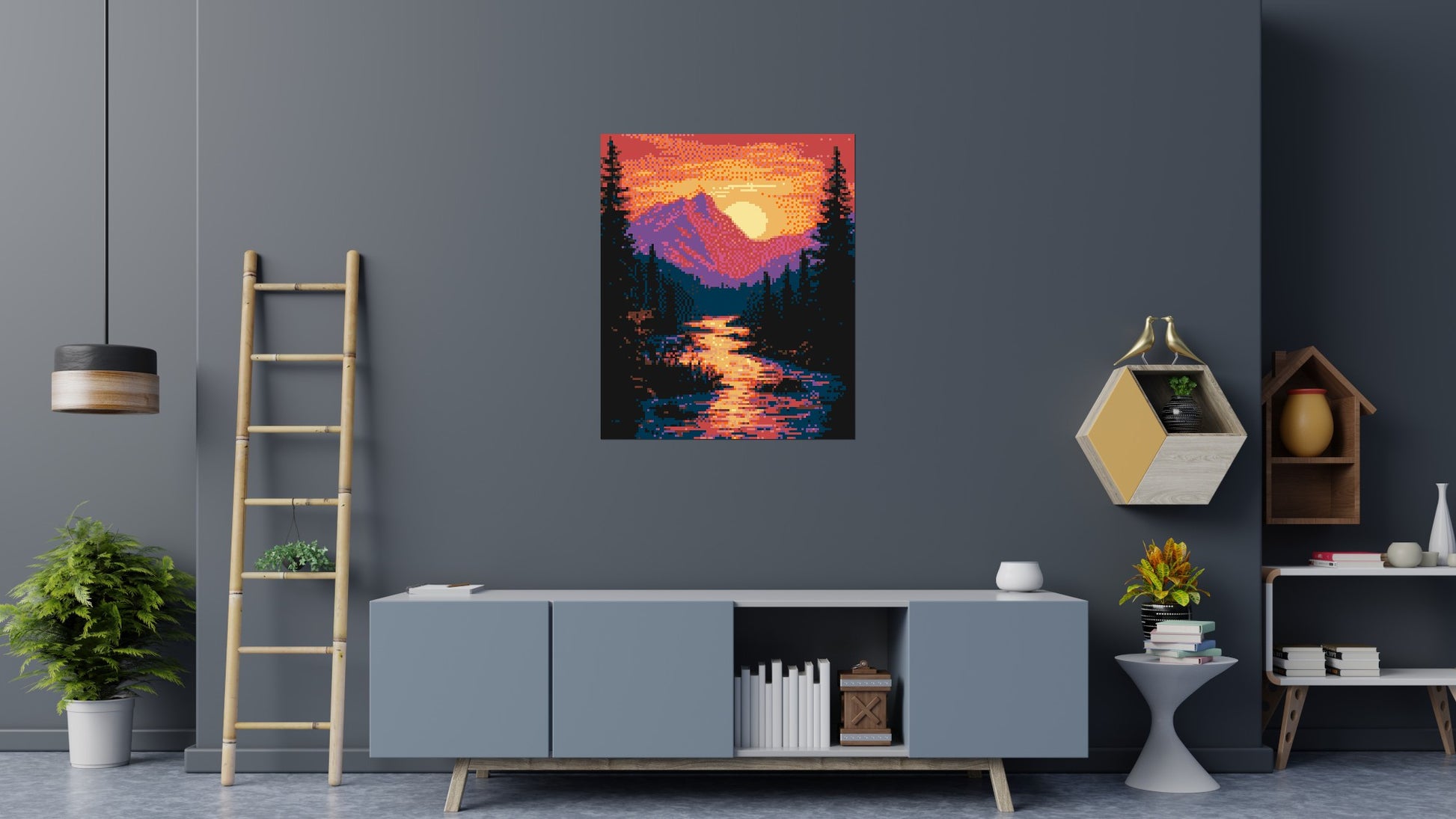 Sunset Mountain River Pixel Art - Brick Art Mosaic Kit 5x6 scene