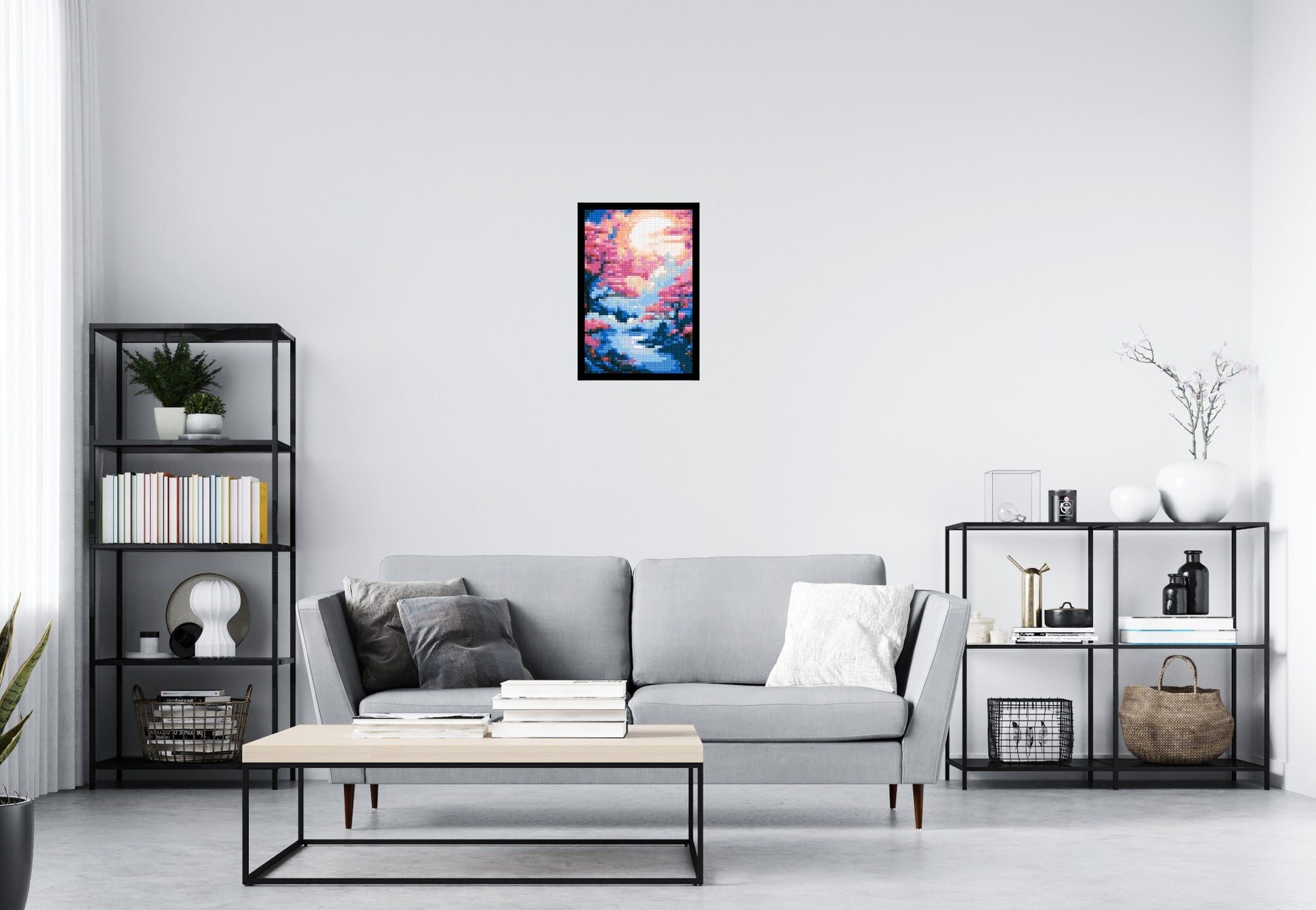 Cherry Blossom Trees and Glowing Moon Japanese Art - Brick Art Mosaic Kit 2x3 scene with frame
