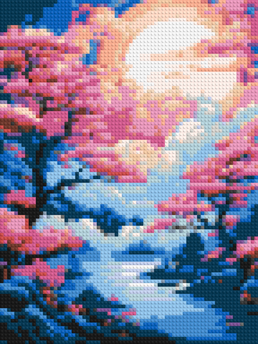 Cherry Blossom Trees and Glowing Moon Japanese Art - Brick Art Mosaic Kit 3x4 large