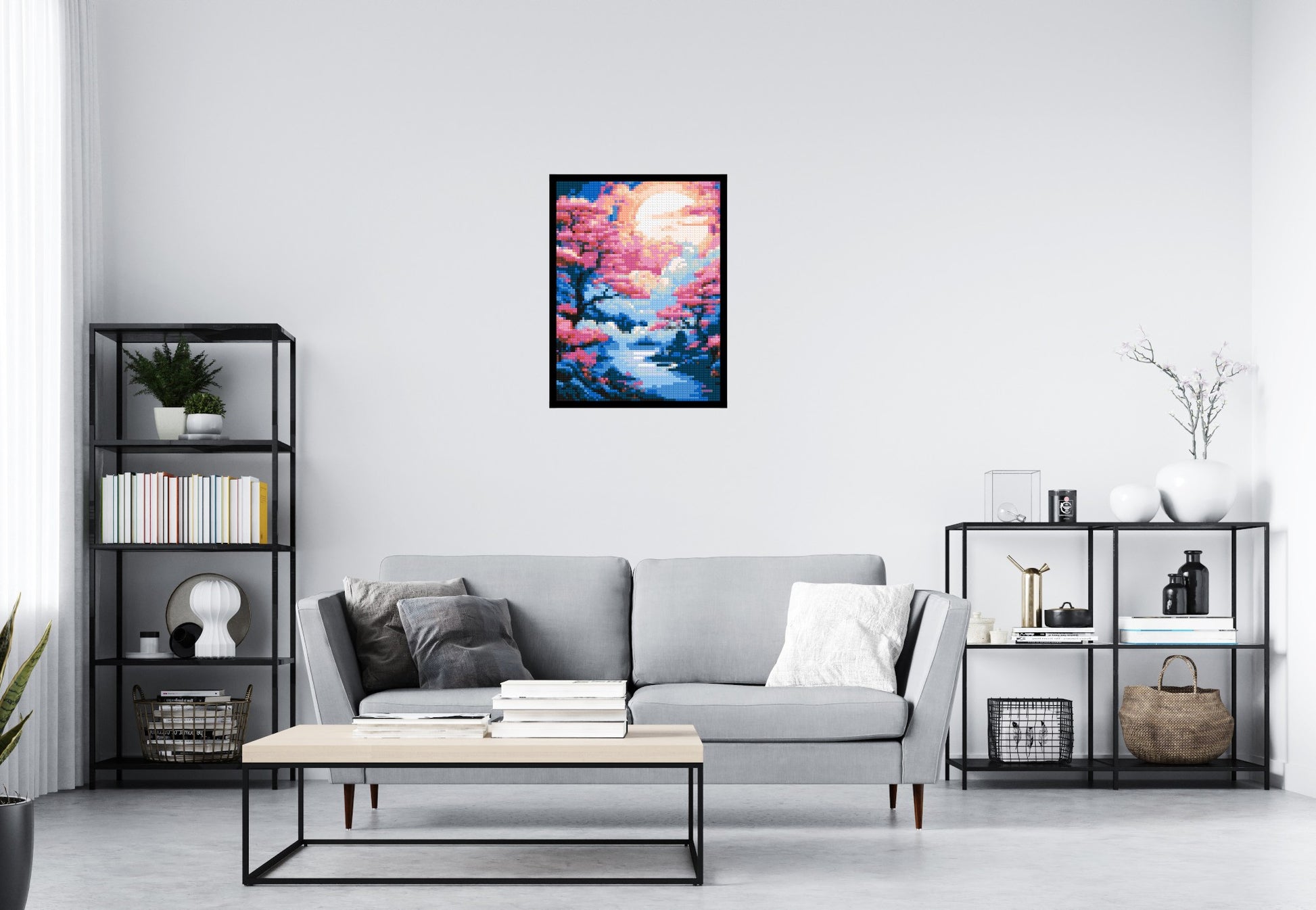 Cherry Blossom Trees and Glowing Moon Japanese Art - Brick Art Mosaic Kit 3x4 scene with frame