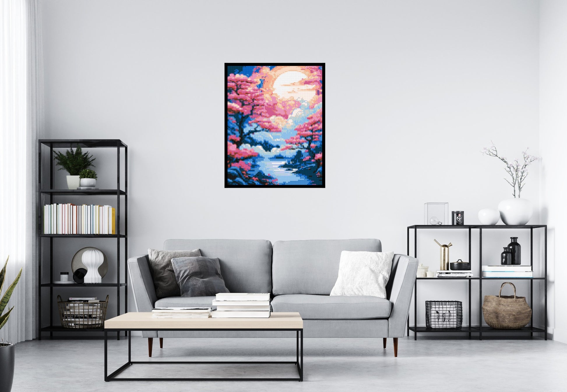 Cherry Blossom Trees and Glowing Moon Japanese Art - Brick Art Mosaic Kit 4x5 scene with frame