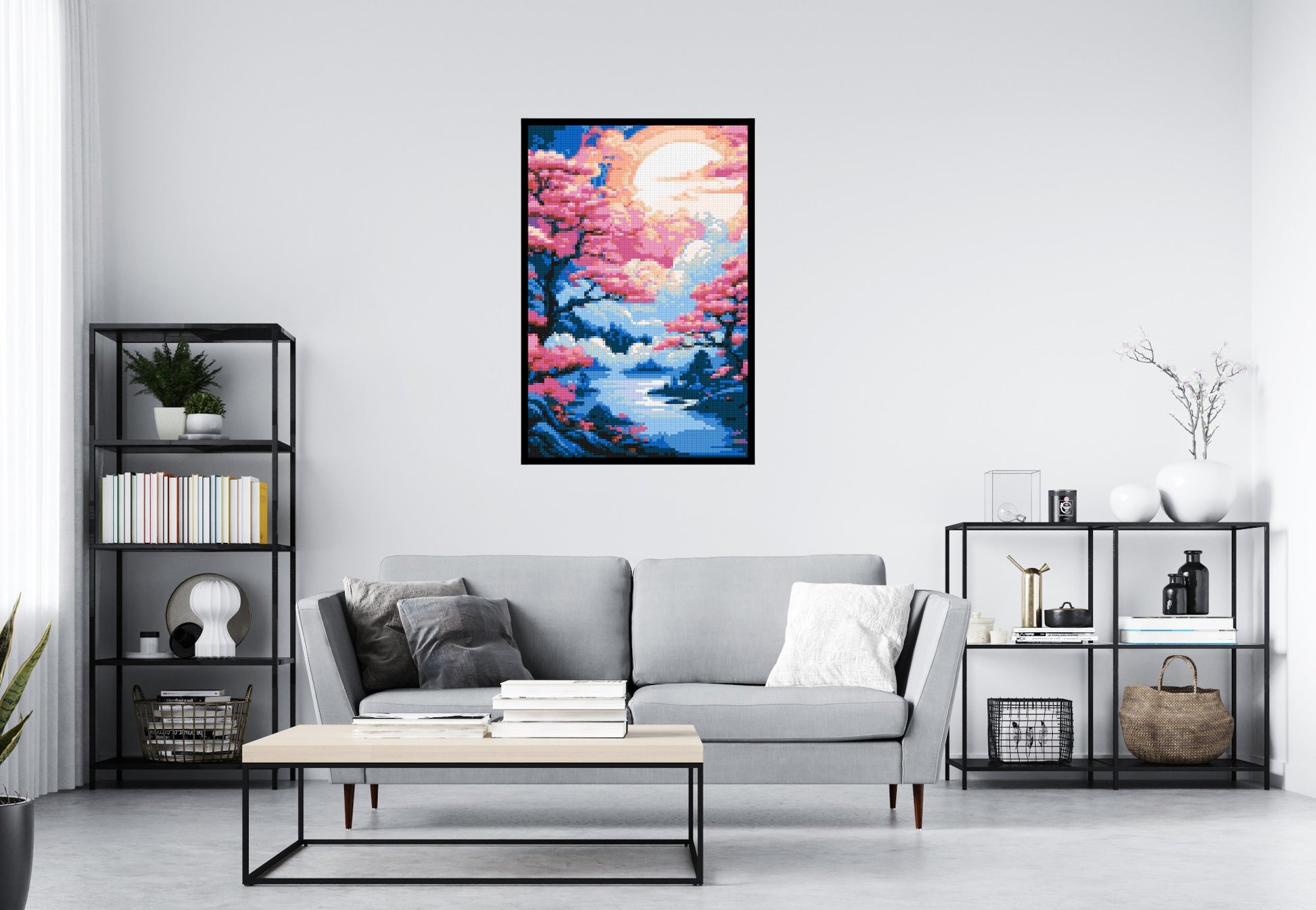 Cherry Blossom Trees and Glowing Moon Japanese Art - Brick Art Mosaic Kit 4x6 scene with frame
