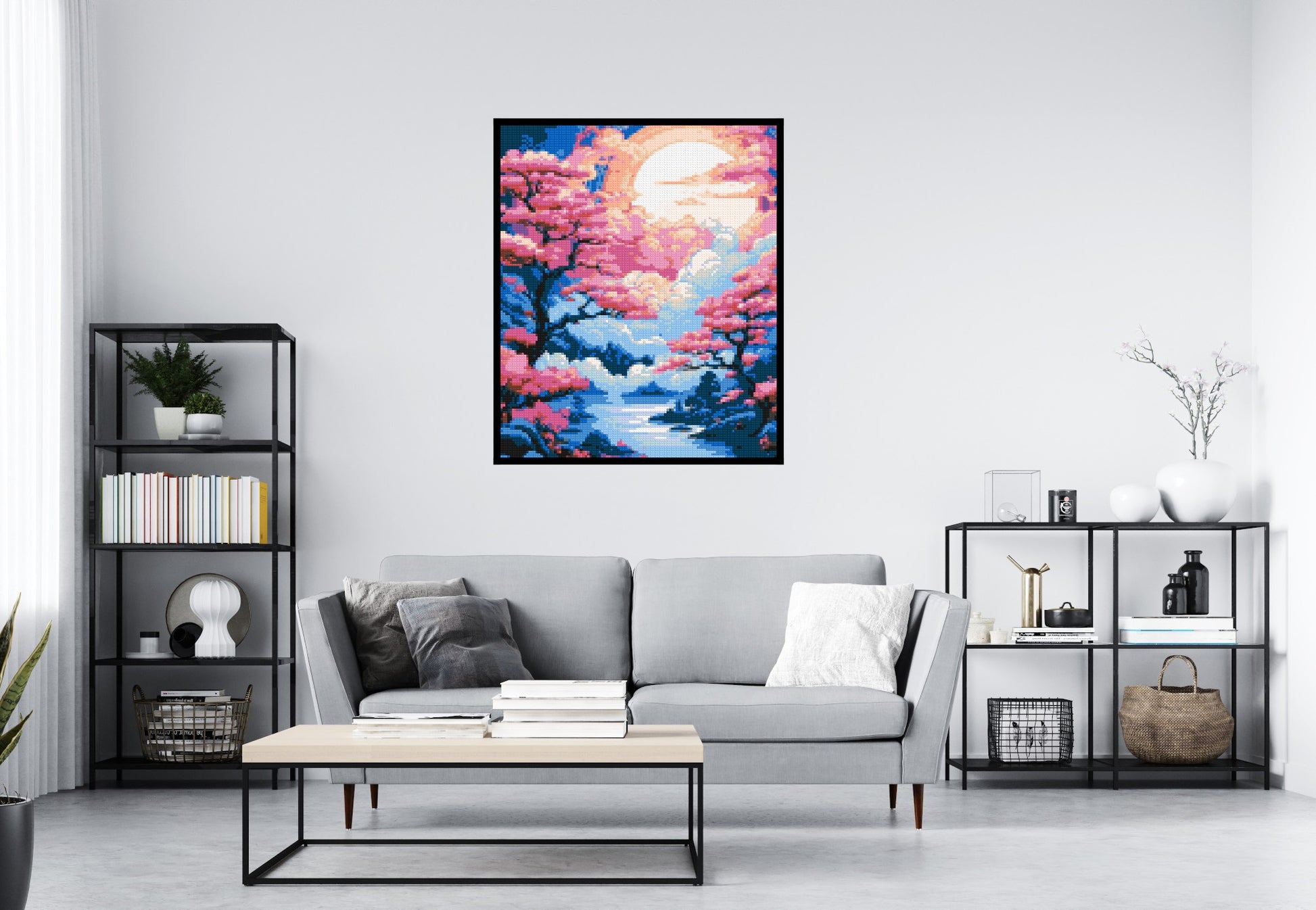 Cherry Blossom Trees and Glowing Moon Japanese Art - Brick Art Mosaic Kit 5x6 scene with frame
