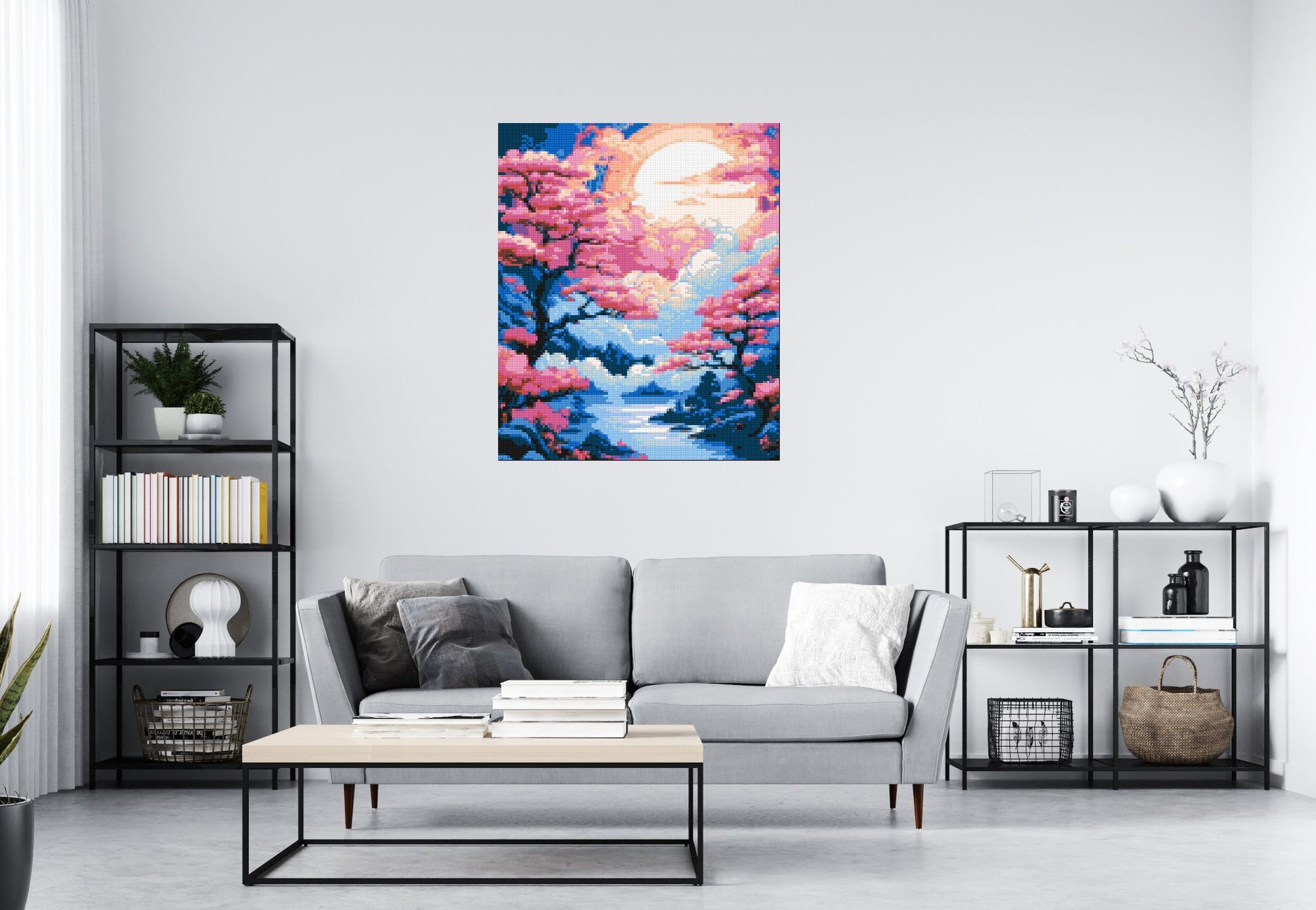 Cherry Blossom Trees and Glowing Moon Japanese Art - Brick Art Mosaic Kit 5x6 scene