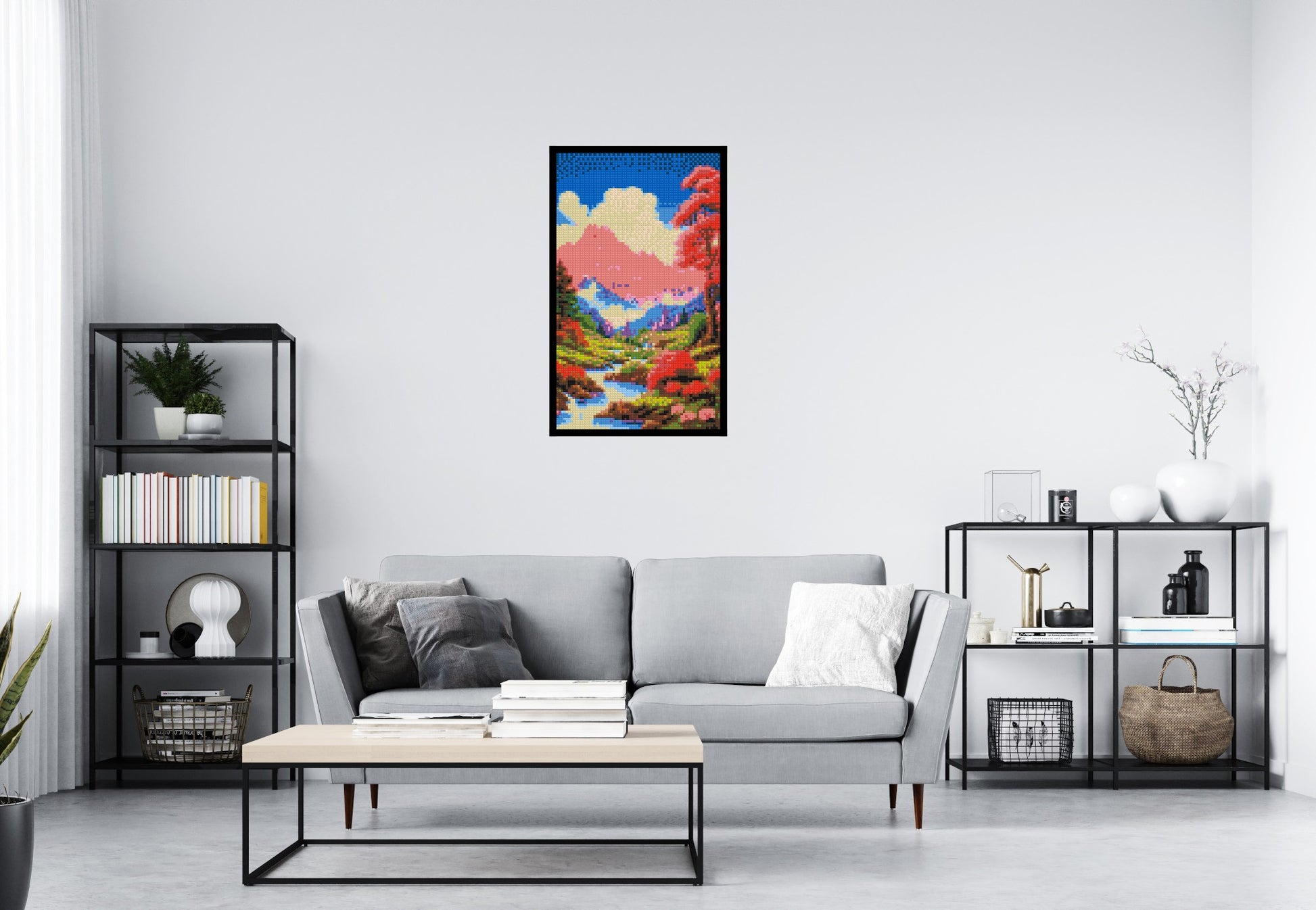 Pink Mountain Peaks and Cascading Waterfall Illustration - Brick Art Mosaic Kit 3x5 scene with frame