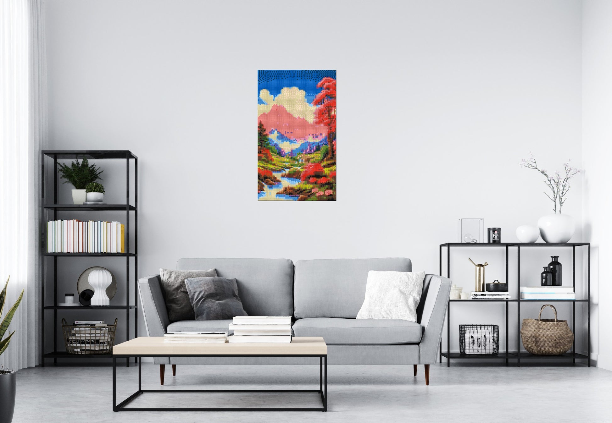 Pink Mountain Peaks and Cascading Waterfall Illustration - Brick Art Mosaic Kit 3x5 scene