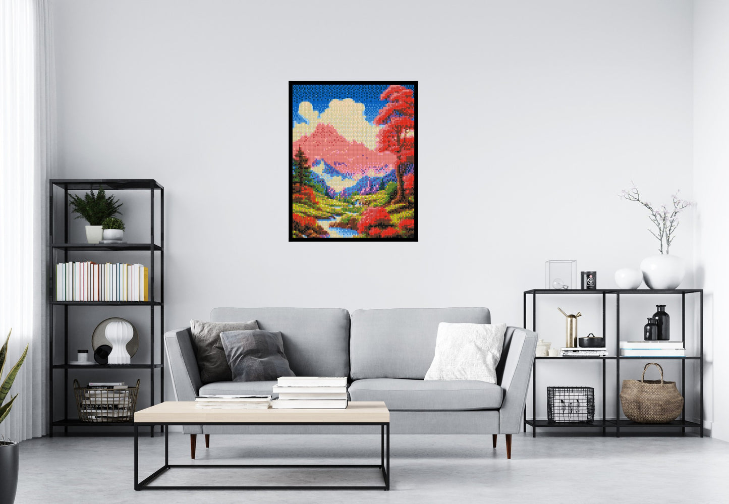 Pink Mountain Peaks and Cascading Waterfall Illustration - Brick Art Mosaic Kit 4x5 large