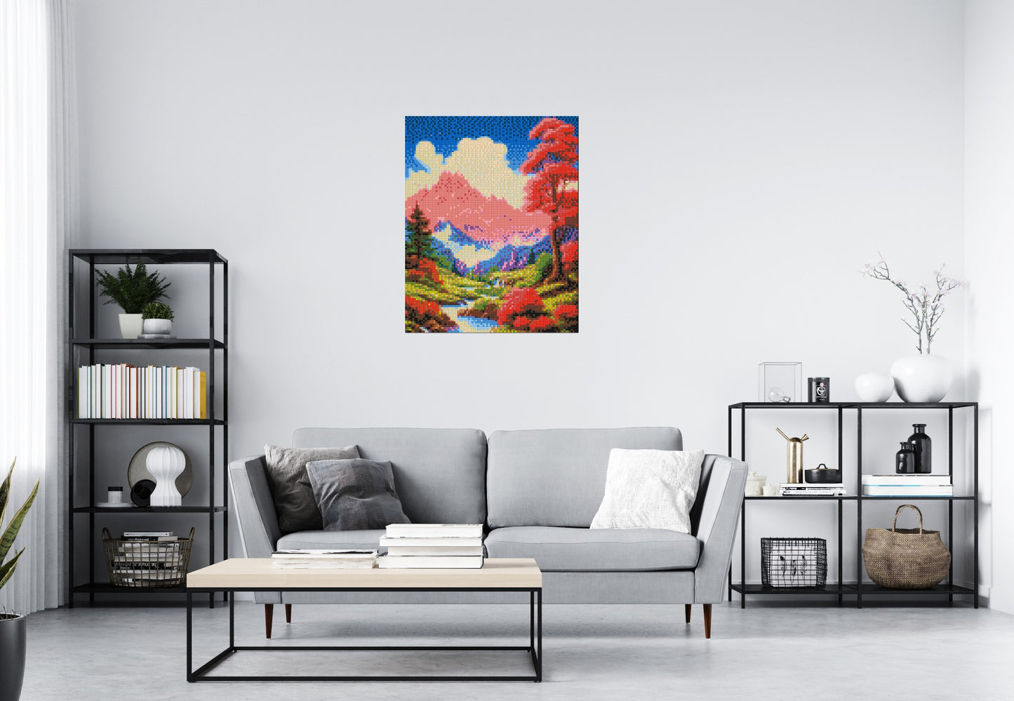 Pink Mountain Peaks and Cascading Waterfall Illustration - Brick Art Mosaic Kit 4x5 large