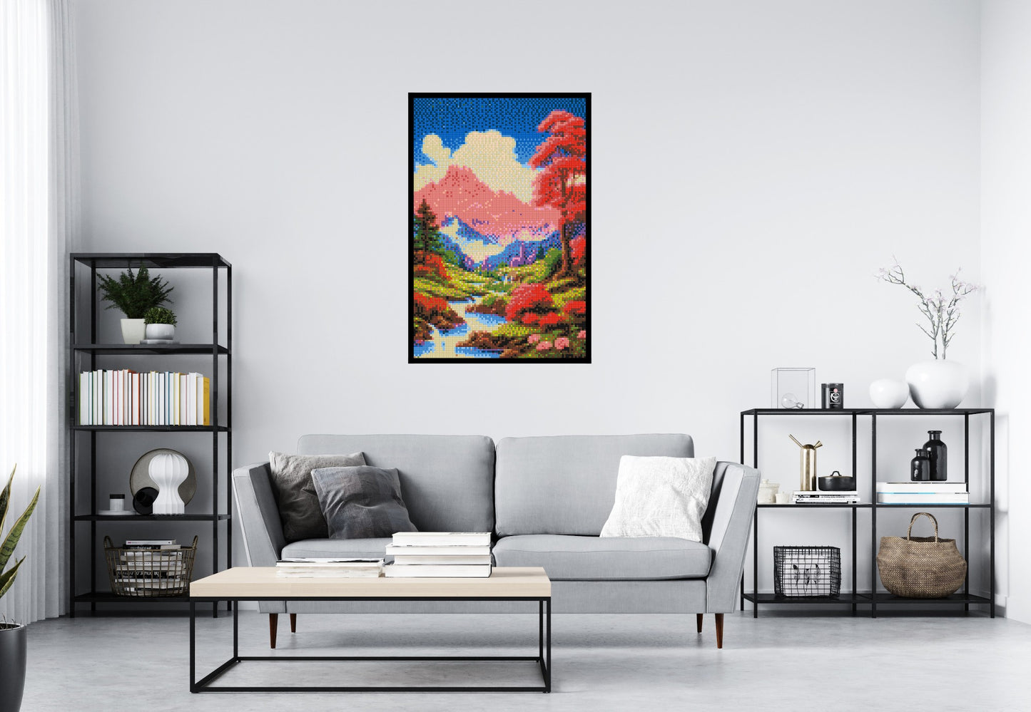 Pink Mountain Peaks and Cascading Waterfall Illustration - Brick Art Mosaic Kit 4x6 large