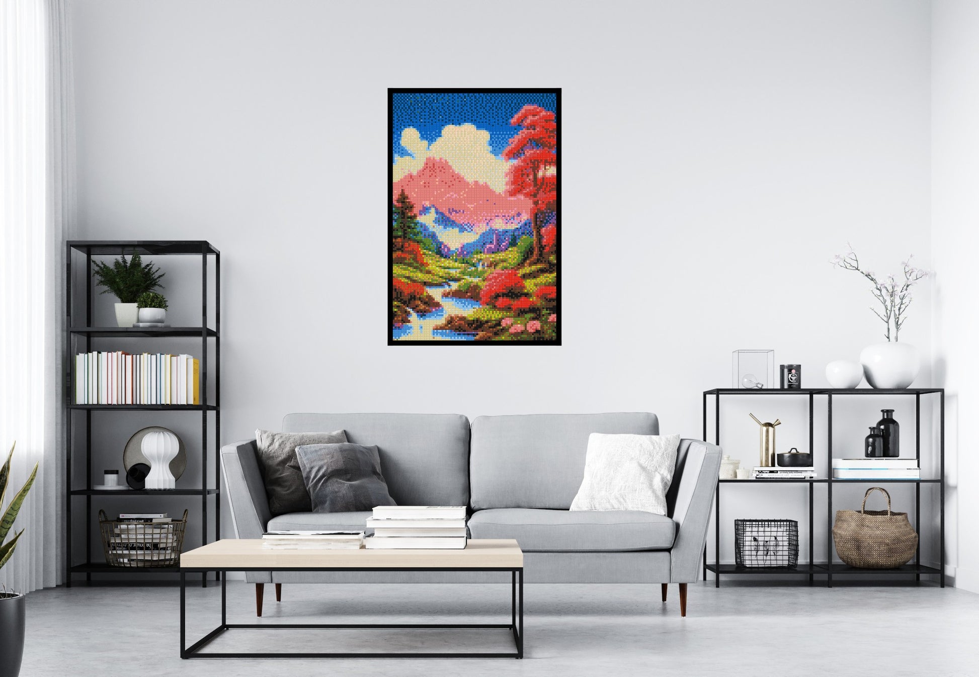 Pink Mountain Peaks and Cascading Waterfall Illustration - Brick Art Mosaic Kit 4x6 scene with frame