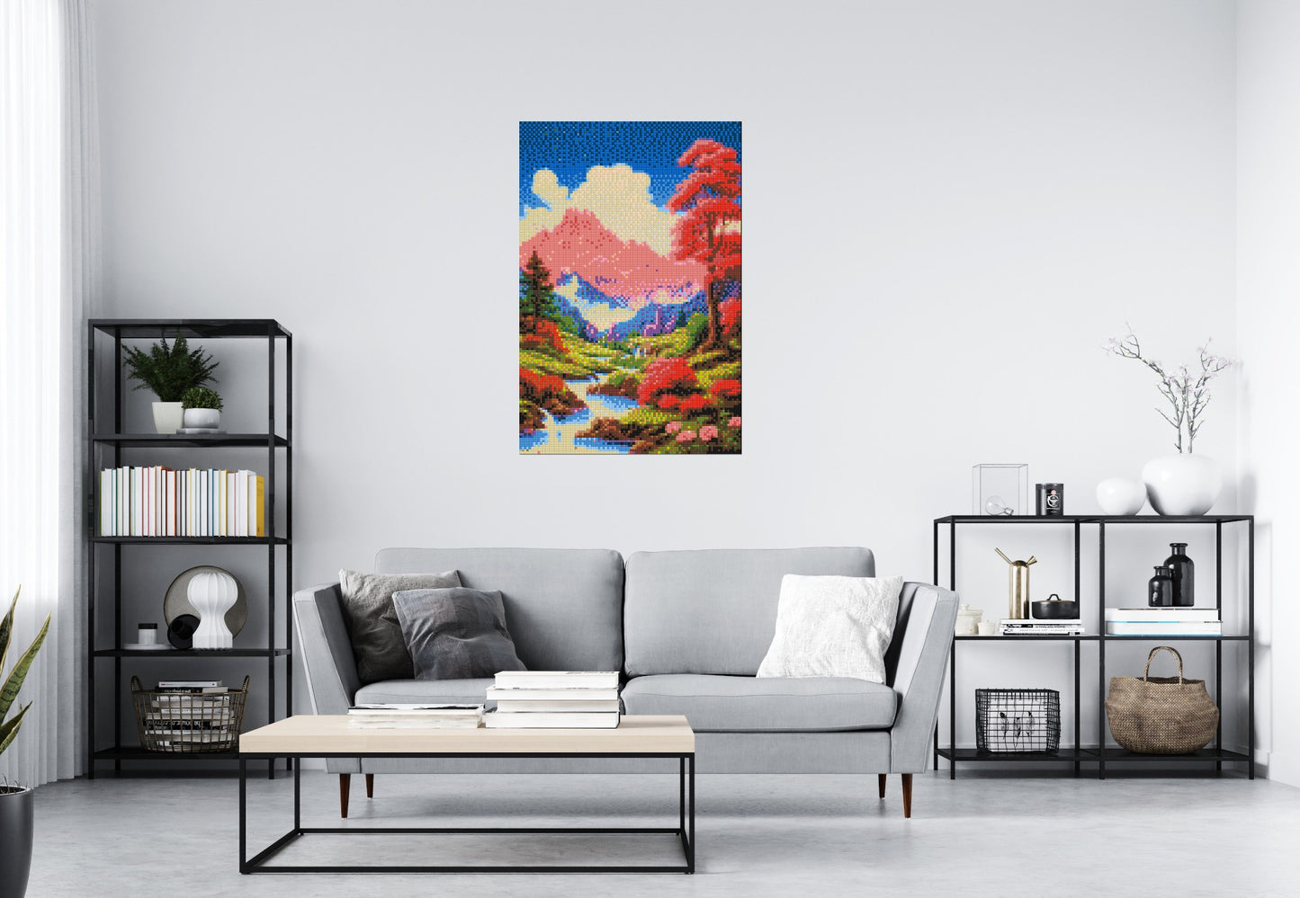 Pink Mountain Peaks and Cascading Waterfall Illustration - Brick Art Mosaic Kit 4x6 large