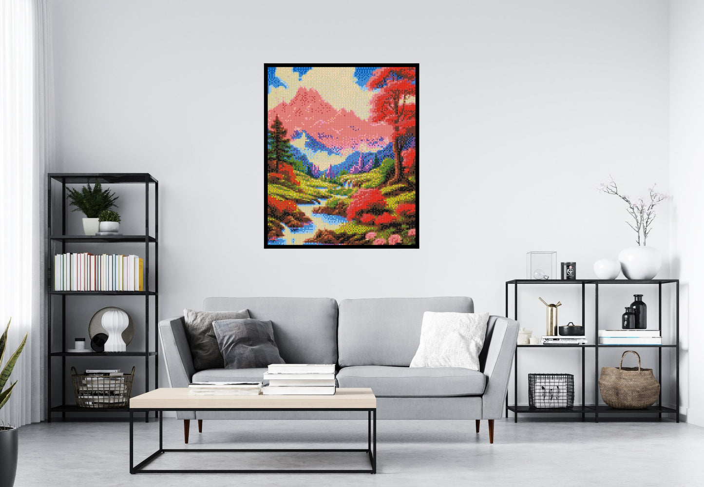 Pink Mountain Peaks and Cascading Waterfall Illustration - Brick Art Mosaic Kit 5x6 large