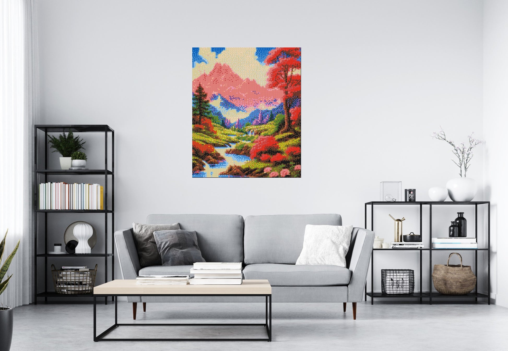 Pink Mountain Peaks and Cascading Waterfall Illustration - Brick Art Mosaic Kit 5x6 scene