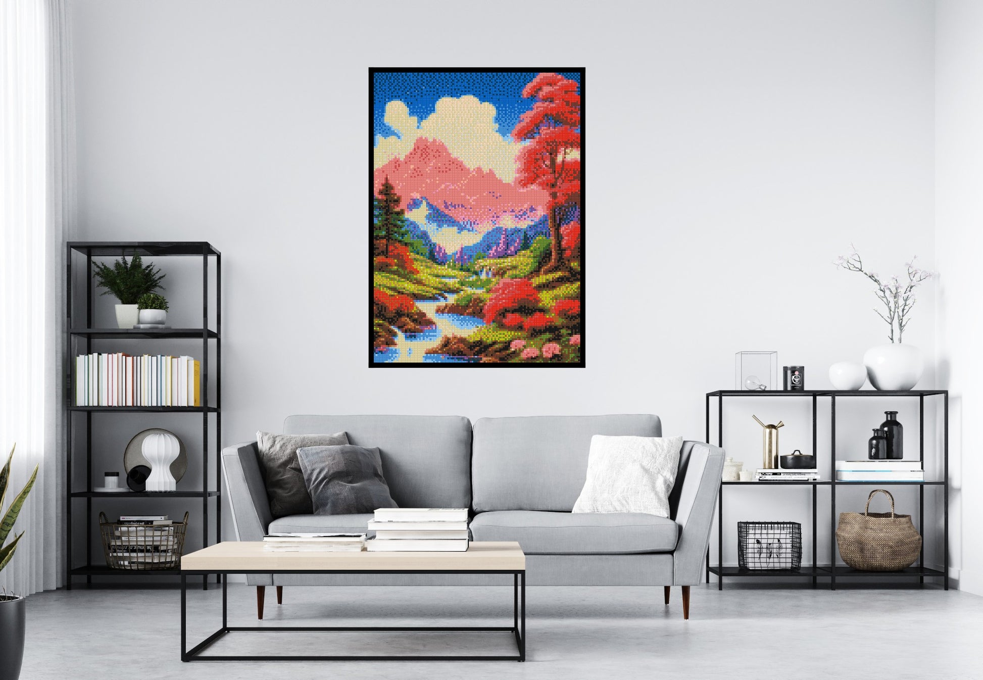 Pink Mountain Peaks and Cascading Waterfall Illustration - Brick Art Mosaic Kit 5x7 scene with frame